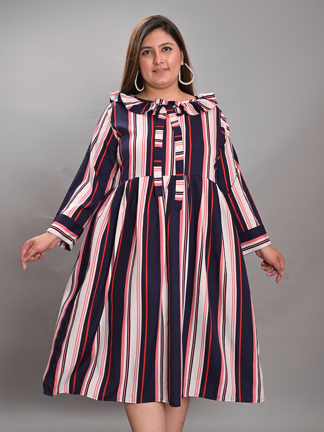 

KALINI Plus Size Striped Boat Neck Crepe Fit & Flare Midi Dress, Navy blue