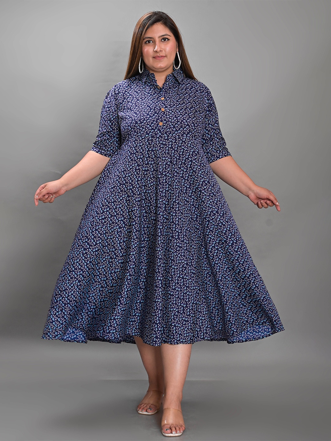 

KALINI Plus Size Floral Printed Crepe Shirt Midi Dress, Navy blue