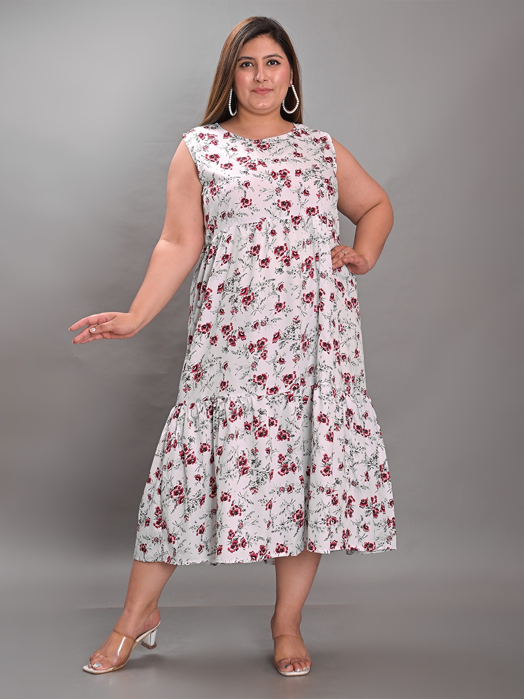 

KALINI Plus Size Floral Printed Crepe A-Line Midi Dress, White