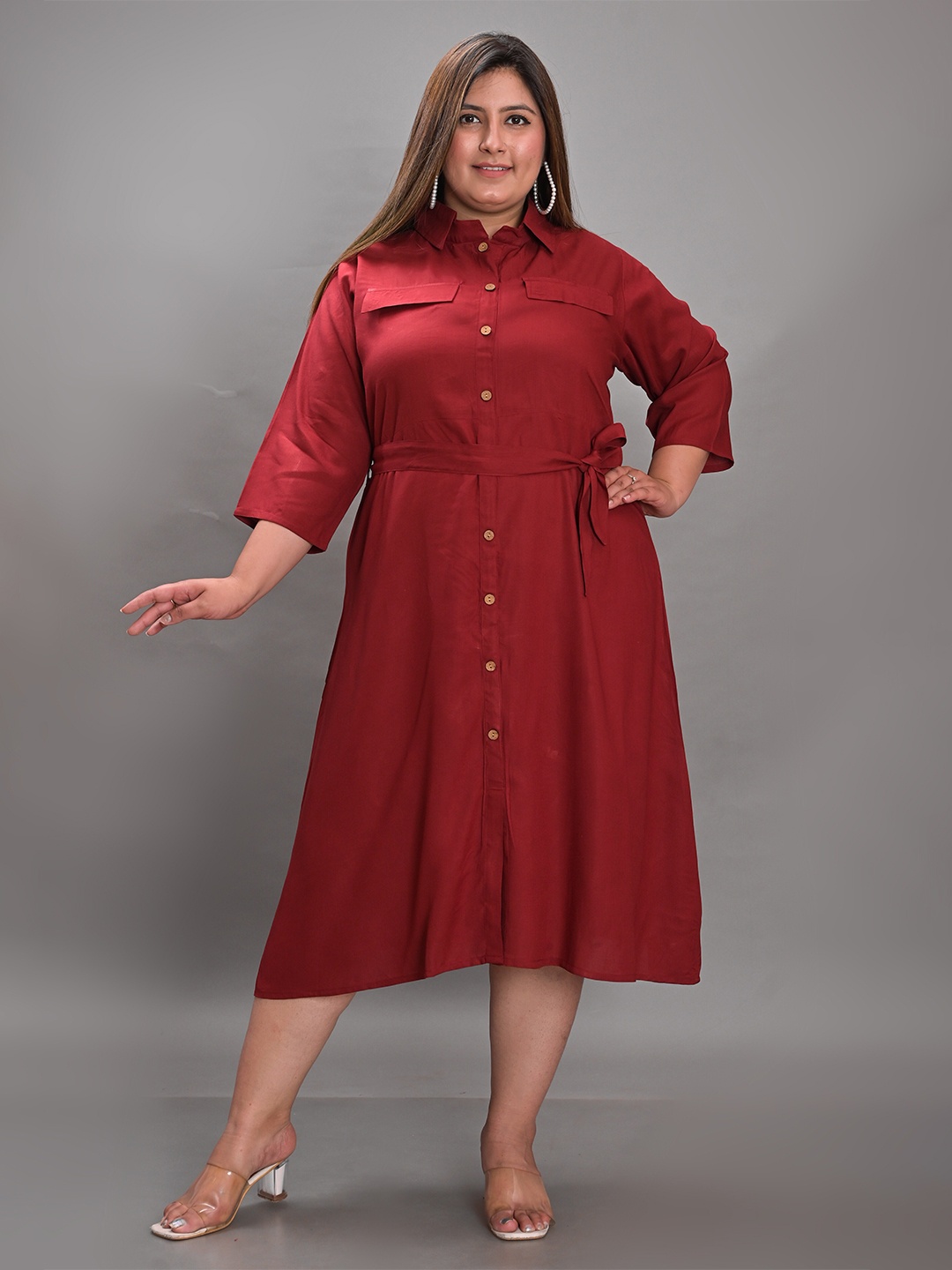 

KALINI Plus Size Waist Tie-Up Crepe Shirt Midi Dress, Maroon