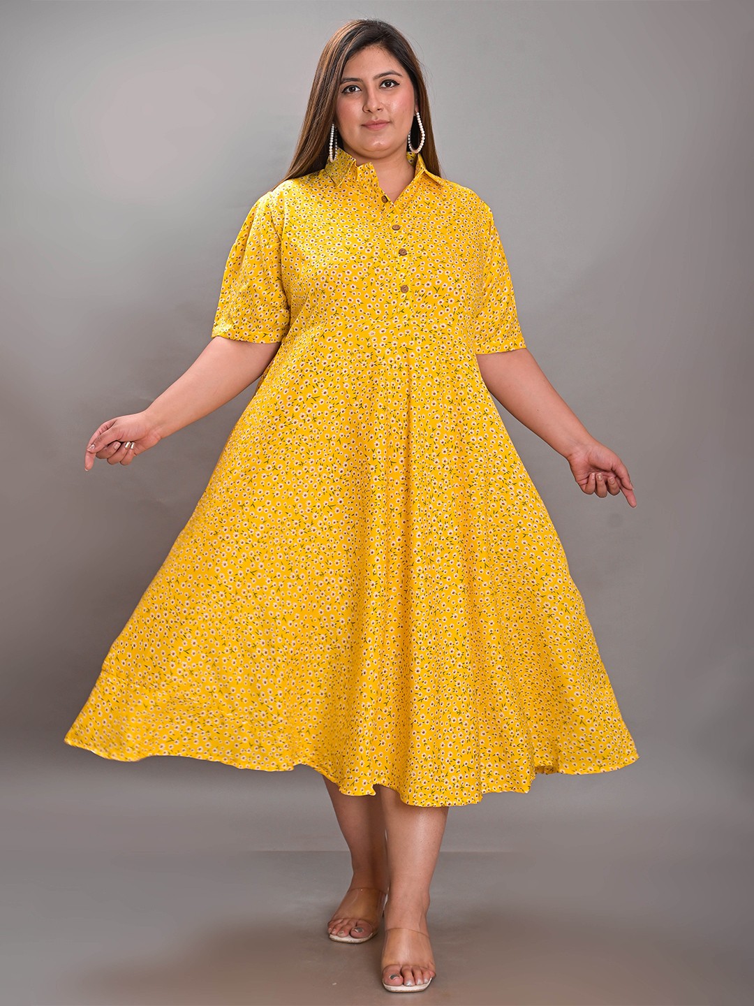 

KALINI Plus Size Floral Printed Crepe A-Line Midi Dress, Yellow