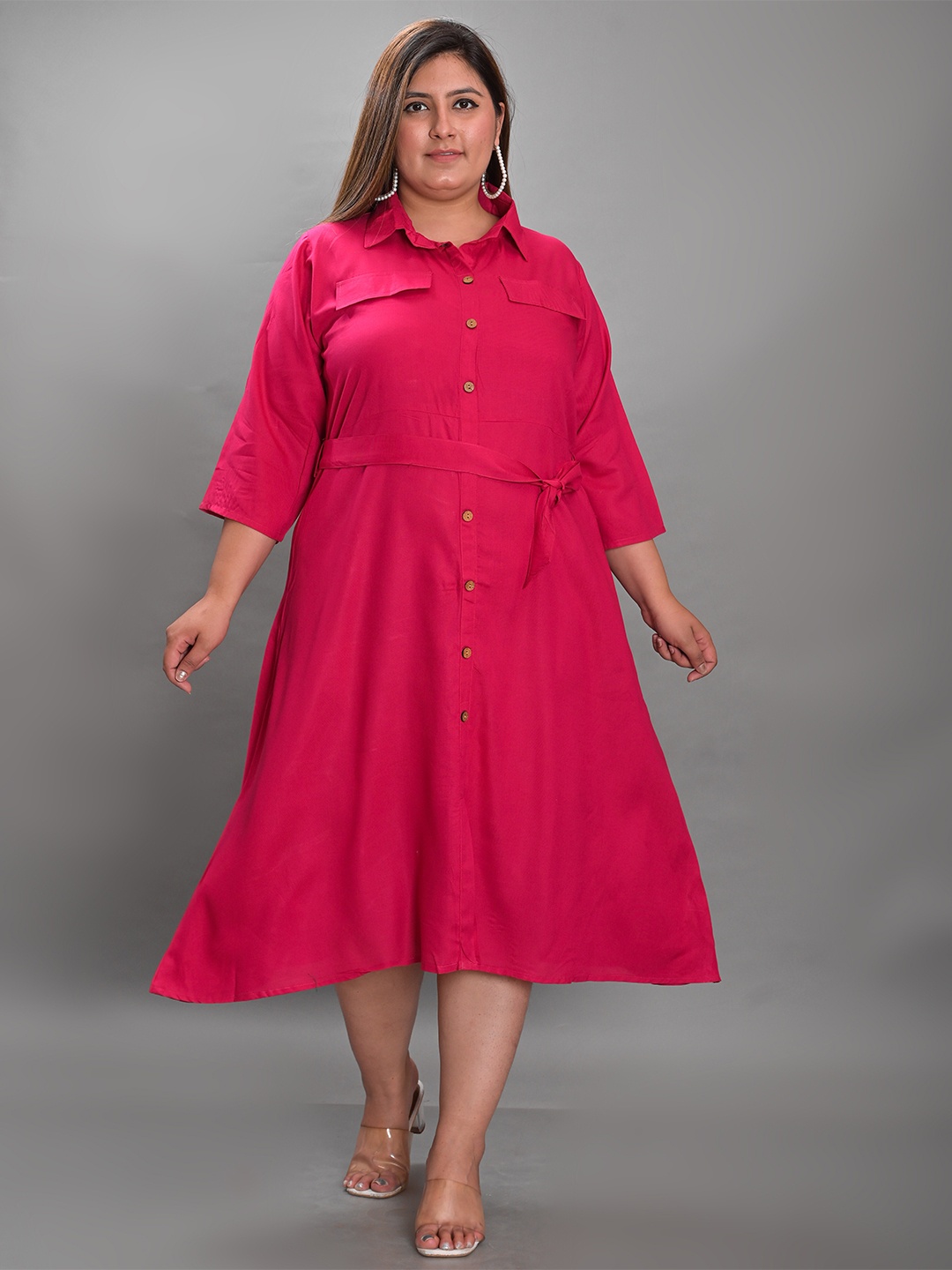 

KALINI Plus Size Waist Tie-Up Crepe Shirt Midi Dress, Pink