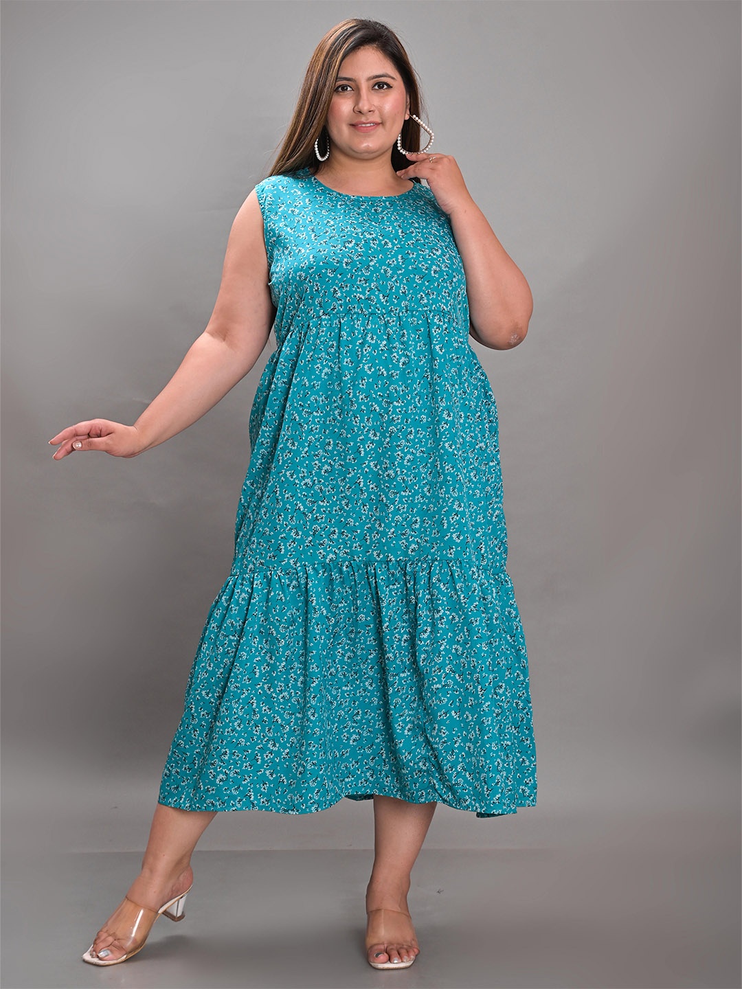 

KALINI Plus Size Floral Printed Crepe Tiered Midi Dress, Blue