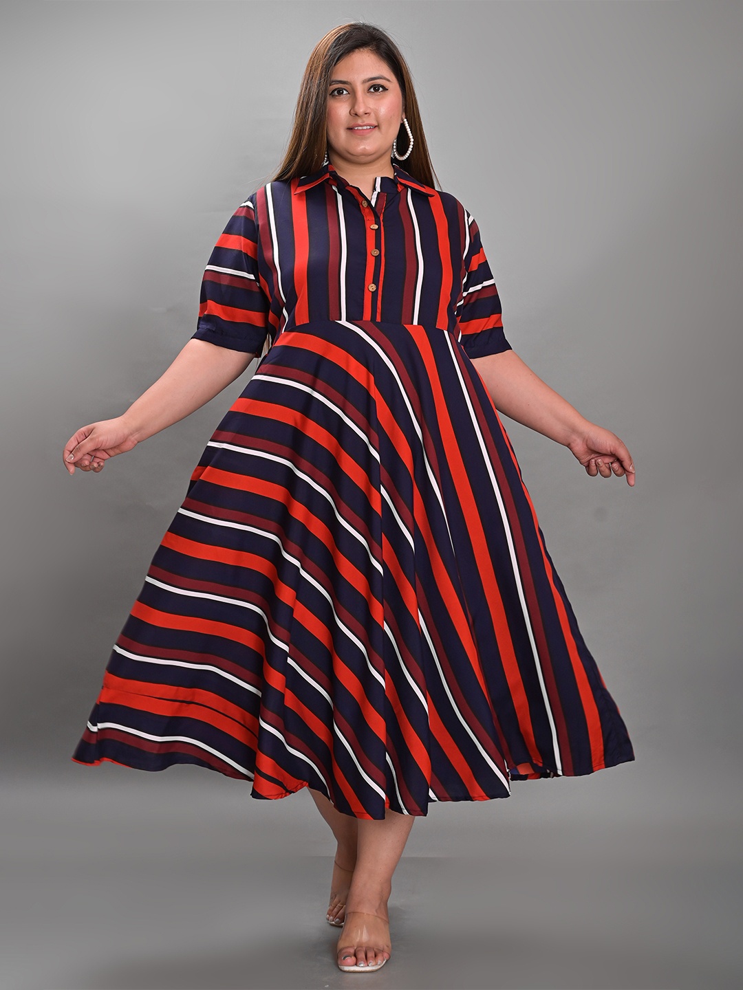 

KALINI Plus Size Striped Crepe Fit & Flare Midi Dress, Navy blue