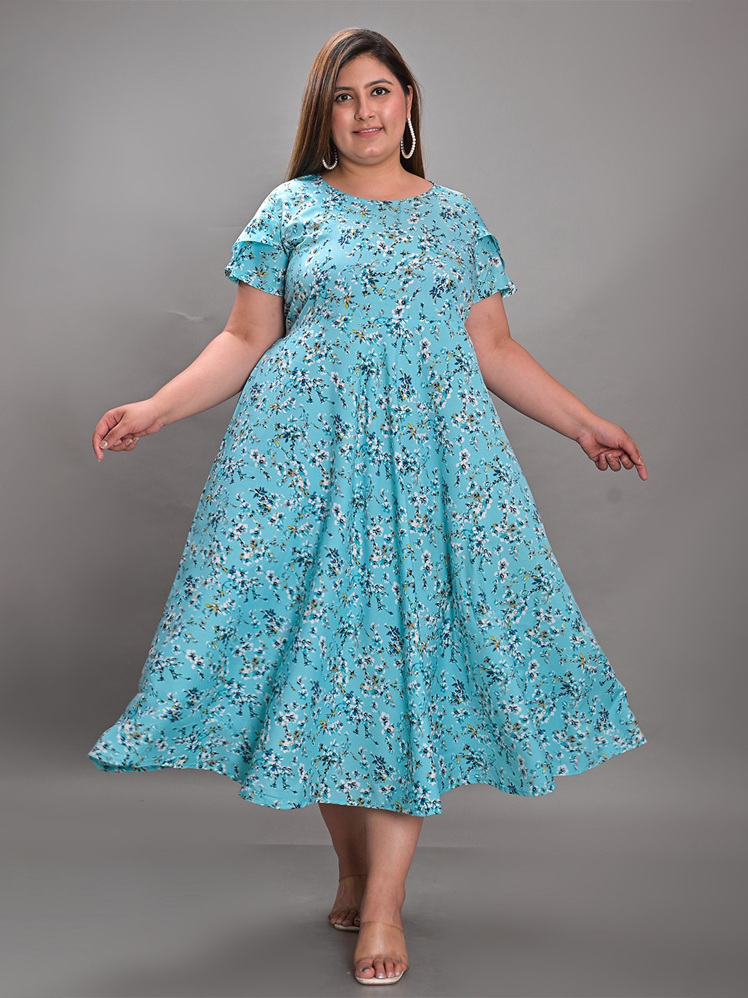 

KALINI Plus Size Floral Printed Crepe Empire Midi Dress, Turquoise blue