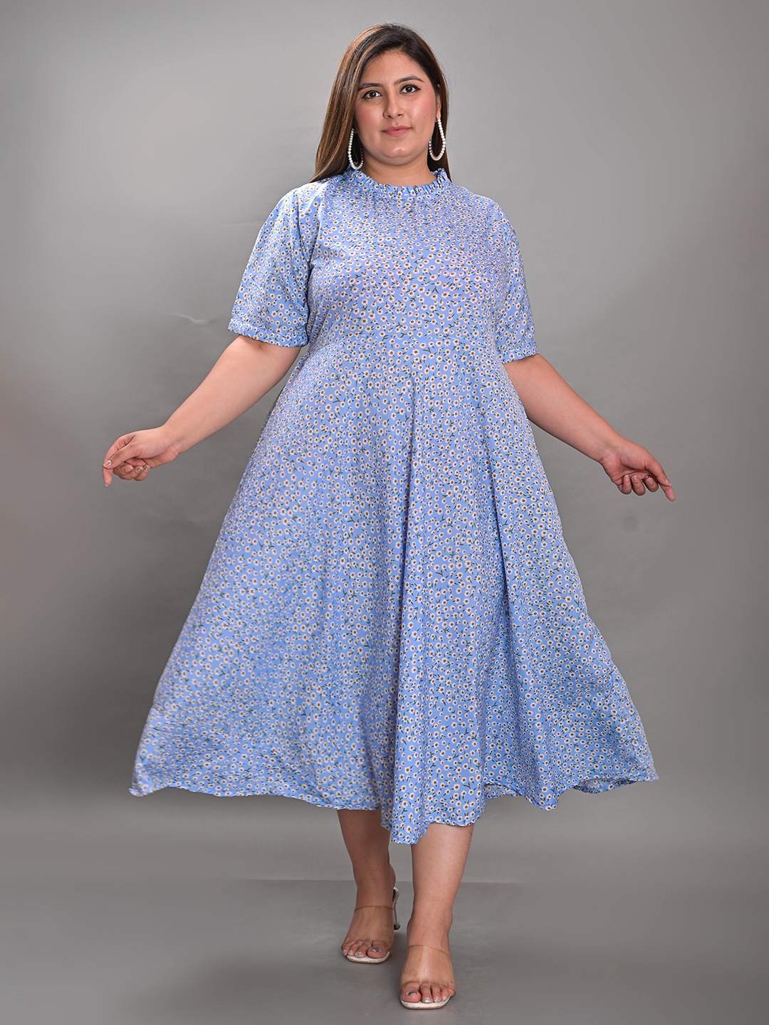 

KALINI Plus Size Floral Printed Crepe Fit & Flare Midi Dress, Grey
