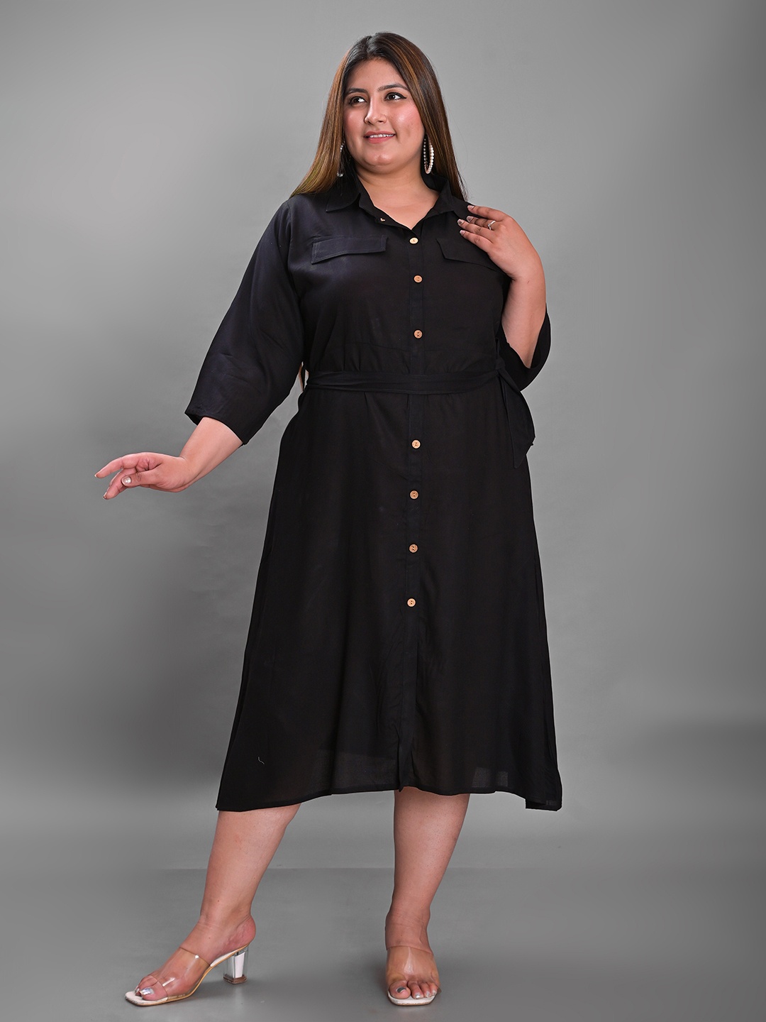 

KALINI Plus Size Waist Tie-Up Crepe Shirt Midi Dress, Black