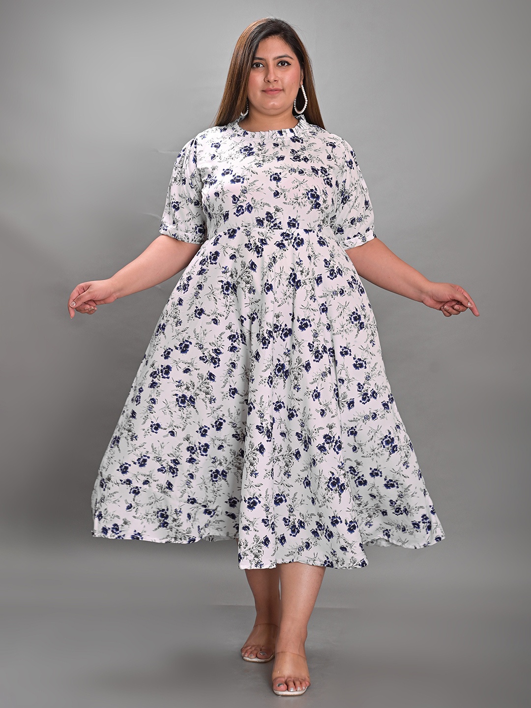 

KALINI Plus Size Floral Printed Crepe Midi Dress, White