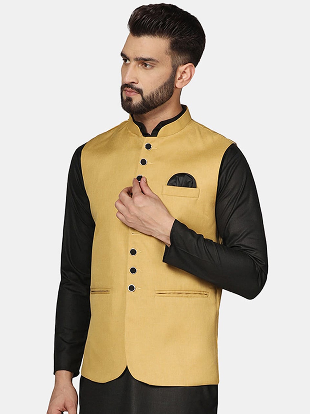 

TAHVO Mandarin Collar Woven Nehru Jacket, Yellow