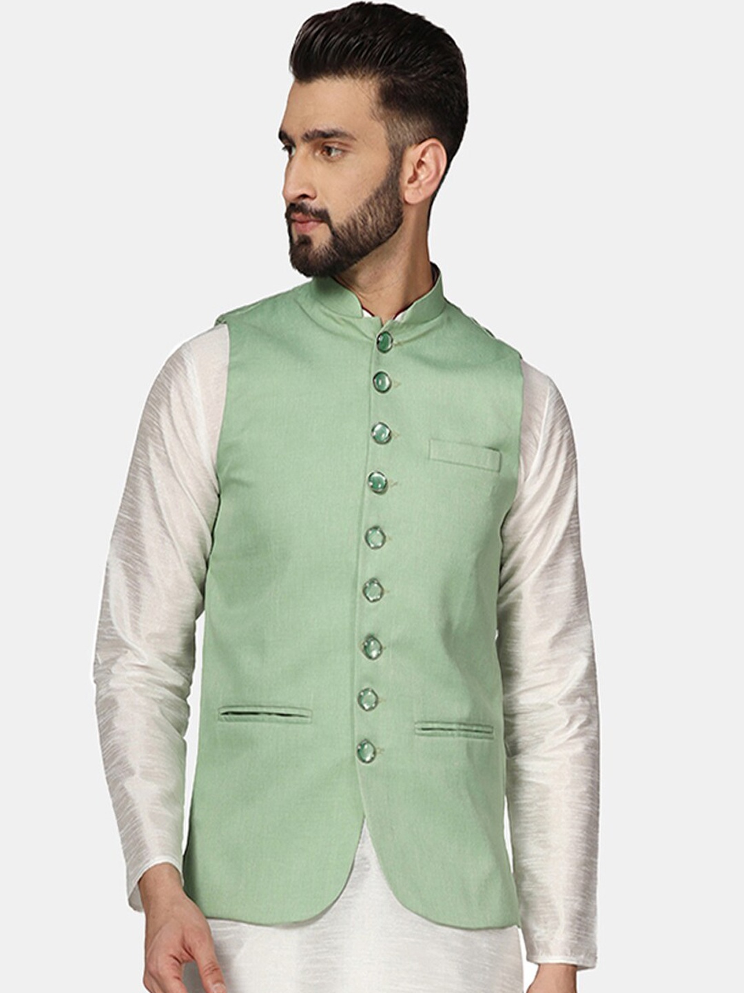 

TAHVO Mandarin Collar Nehru Jacket, Green