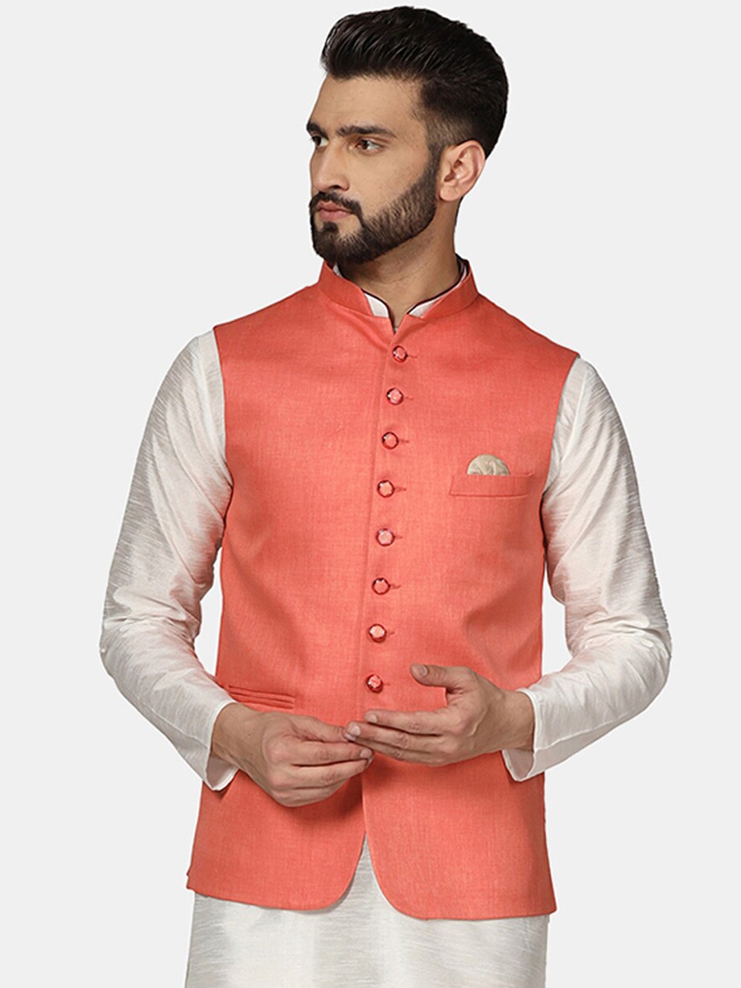 

TAHVO Mandarin Collar Woven Nehru Jacket, Peach