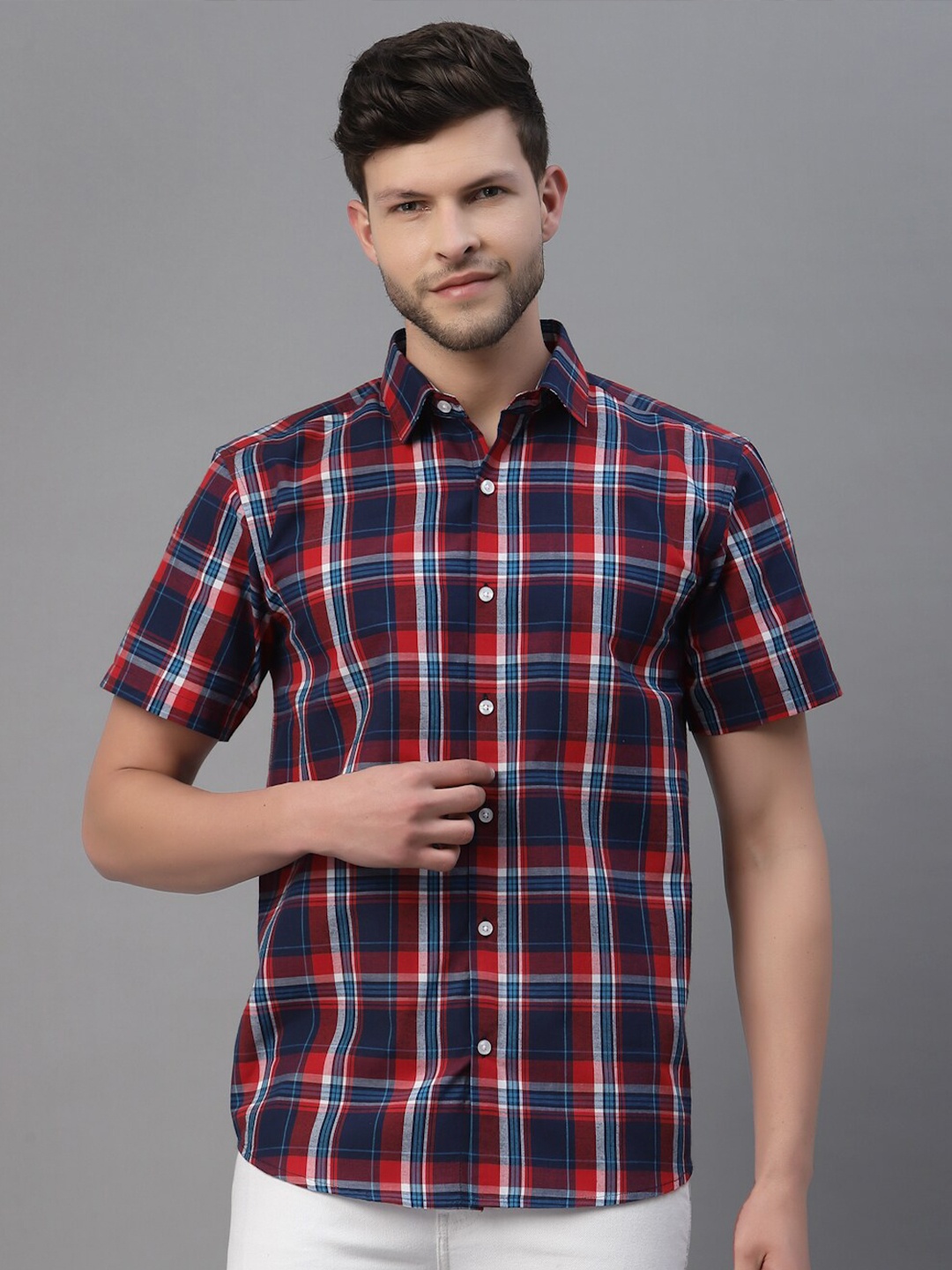 

NEUDIS Relaxed Tartan Checked Cotton Casual Shirt, Red