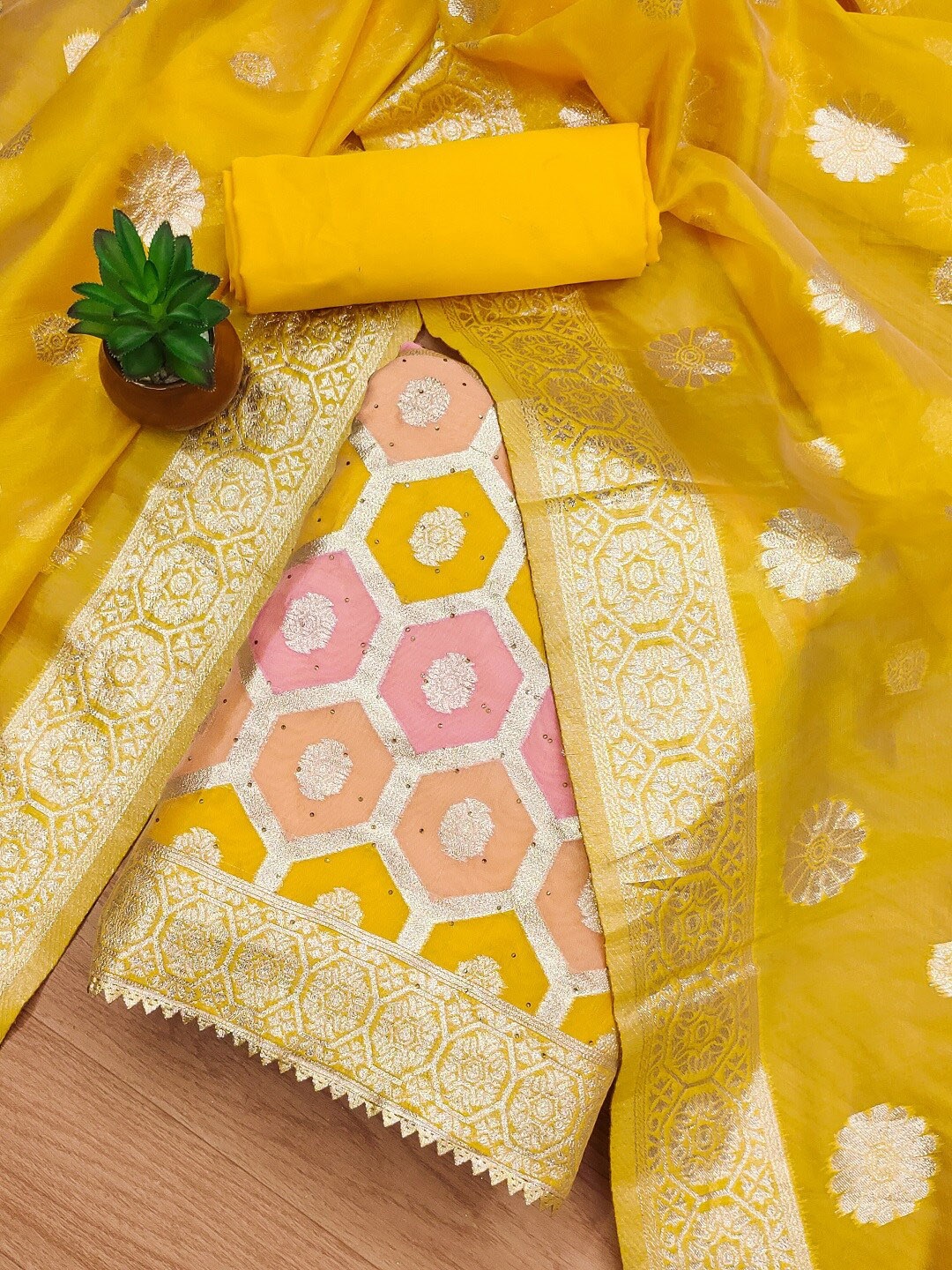 

KALINI Geometric Woven Design Organza Unstitched Dress Material, Yellow