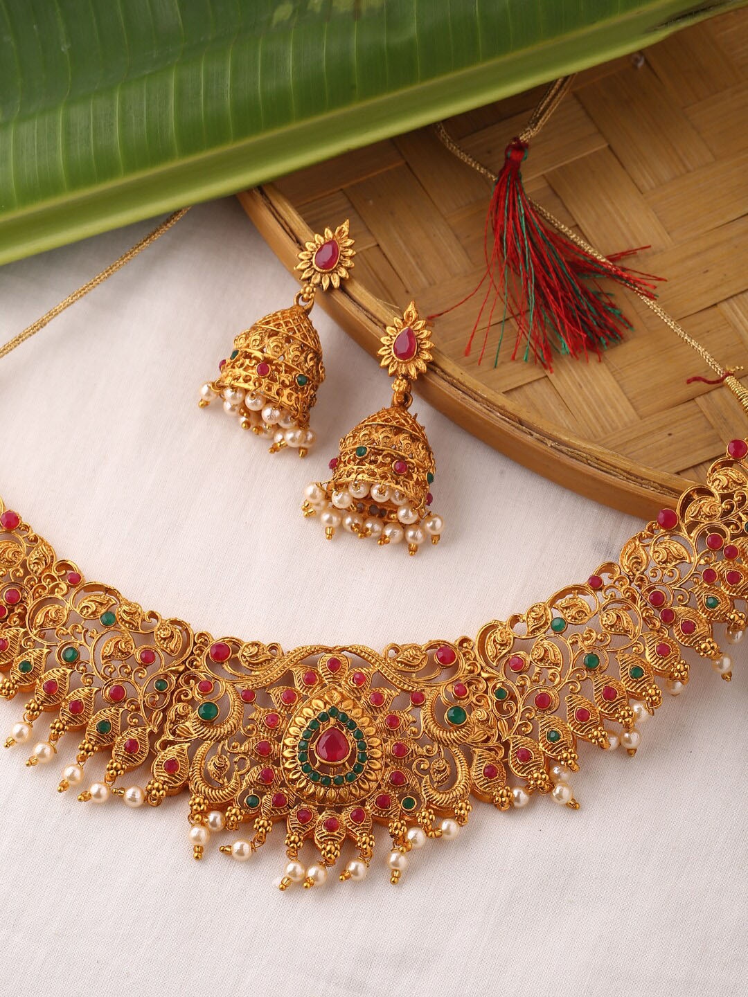 

Shoshaa Gold-Plated Stone-Studded Beaded Jewellery Set