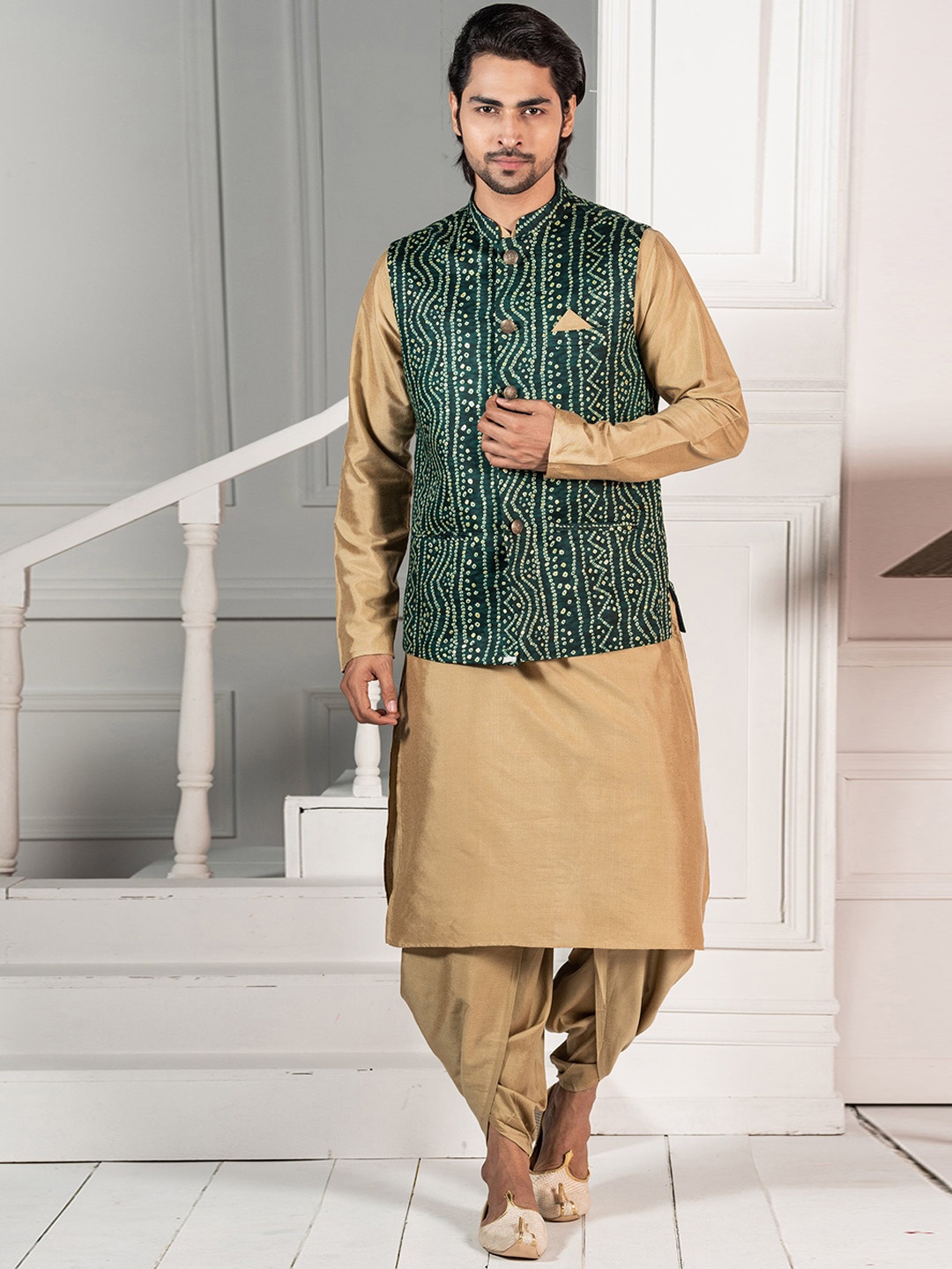

KISAH Mandarin Collar Kurta with Dhoti Pants & Nehru Jacket, Gold