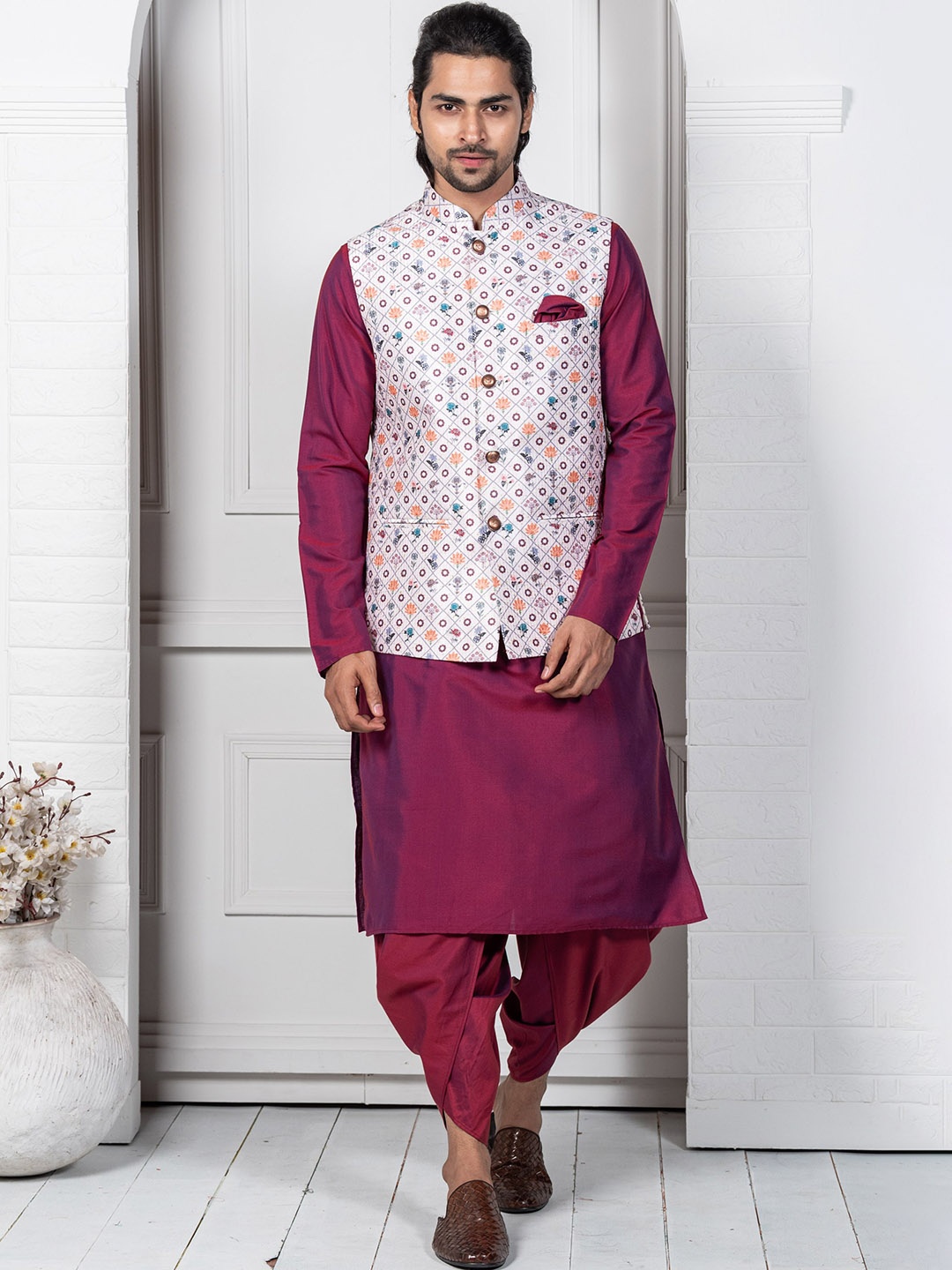 

KISAH Mandarin Collar Kurta With Dhoti Pants & Nehru Jacket, Magenta