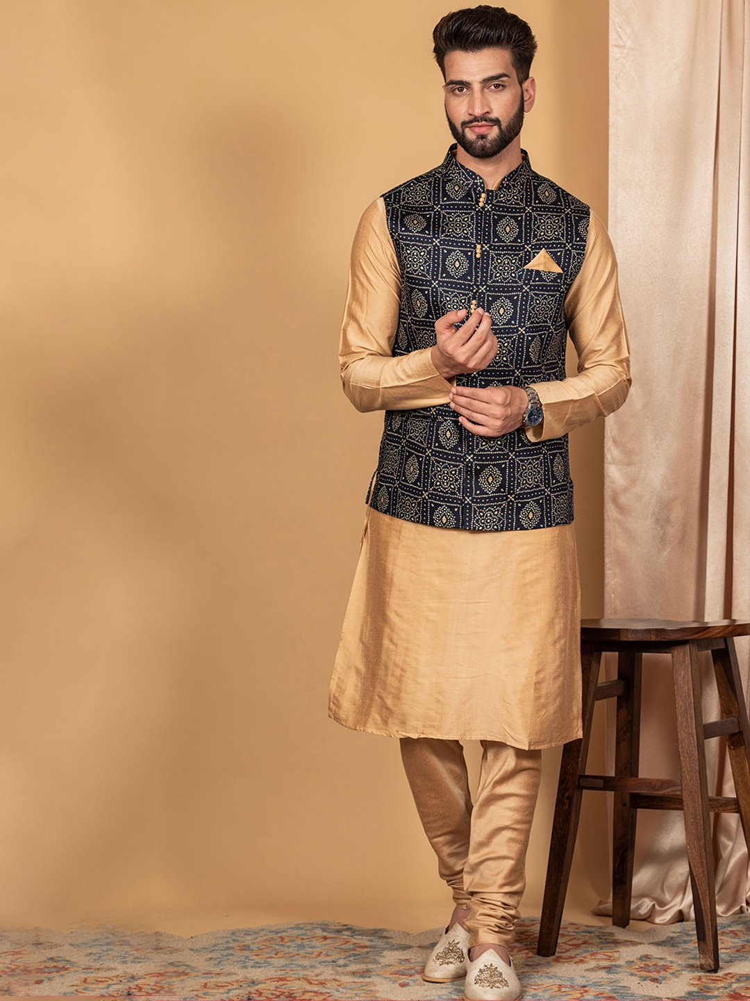 

KISAH Mandarin Collar Kurta with Churidar & Bandhani Print Nehru Jacket, Gold