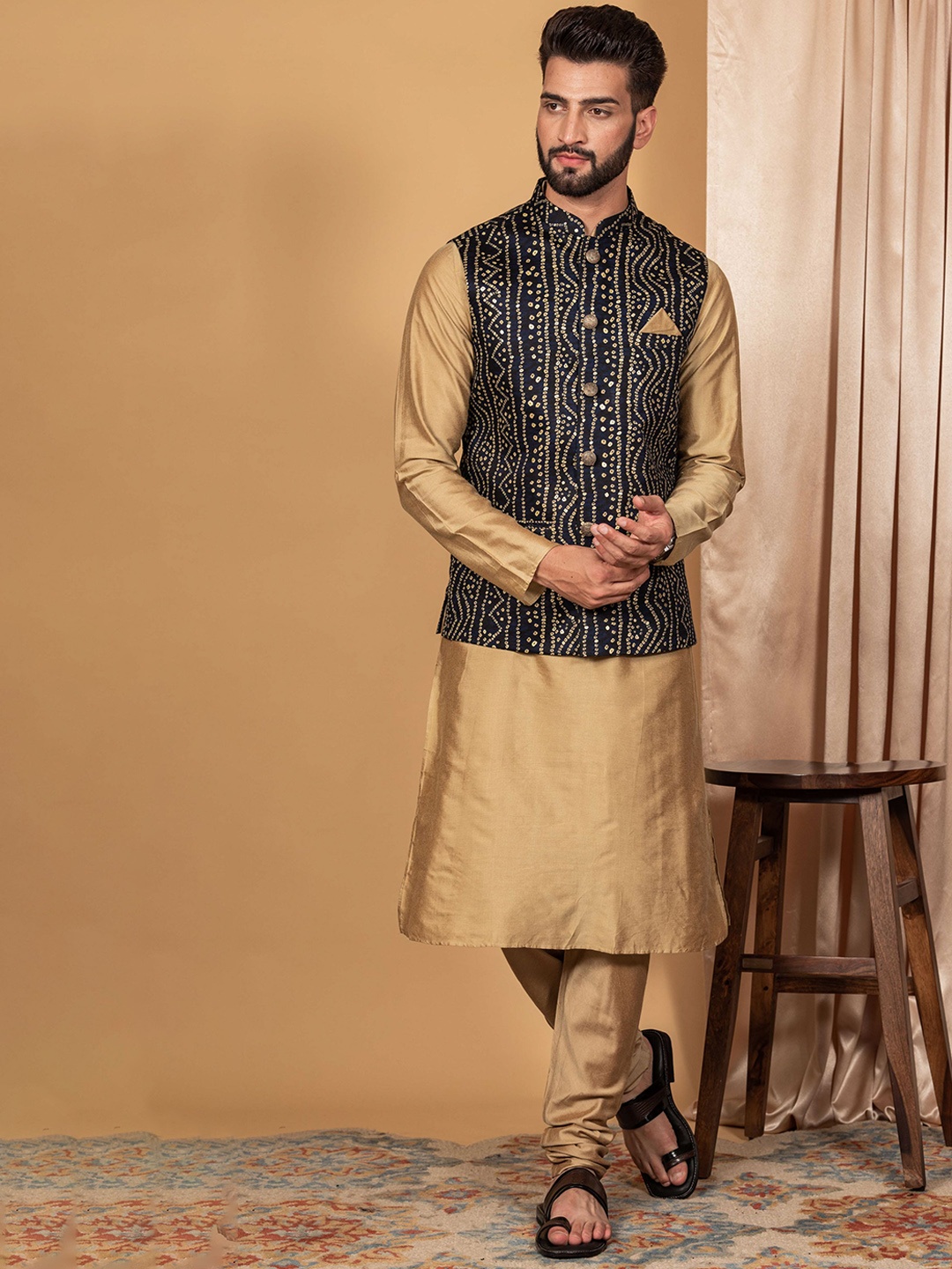 

KISAH Mandarin Collar Kurta with Churidar & Bandhani Print Nehru Jacket, Gold