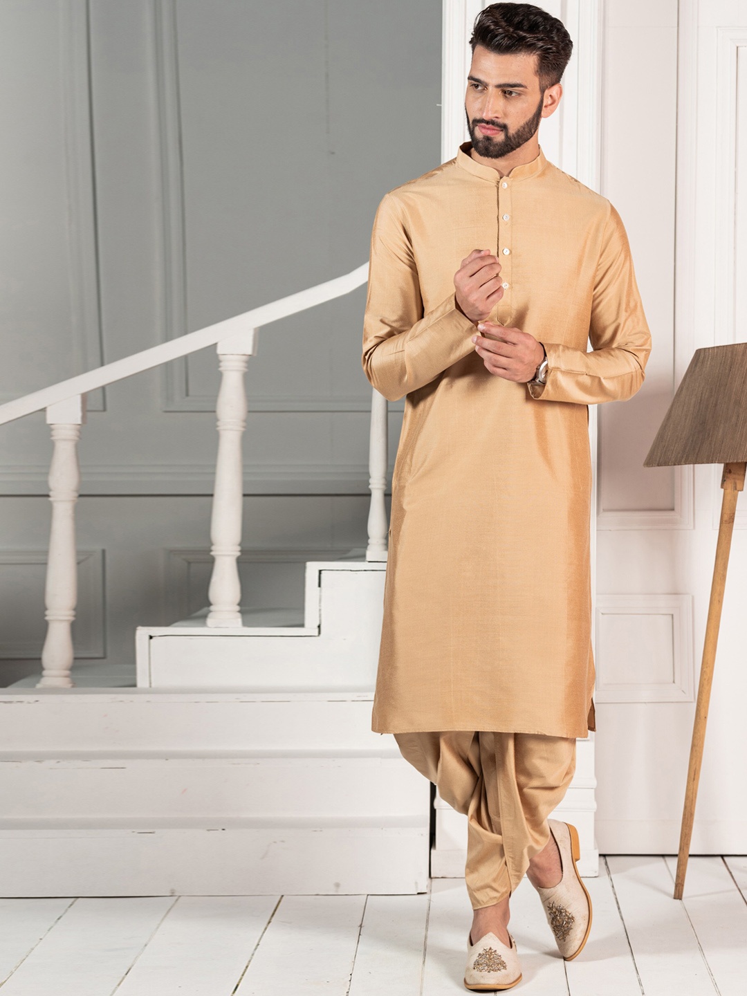 

KISAH Mandarin Collar Kurta with Dhoti Pants & Nehru Jacket Set, Gold