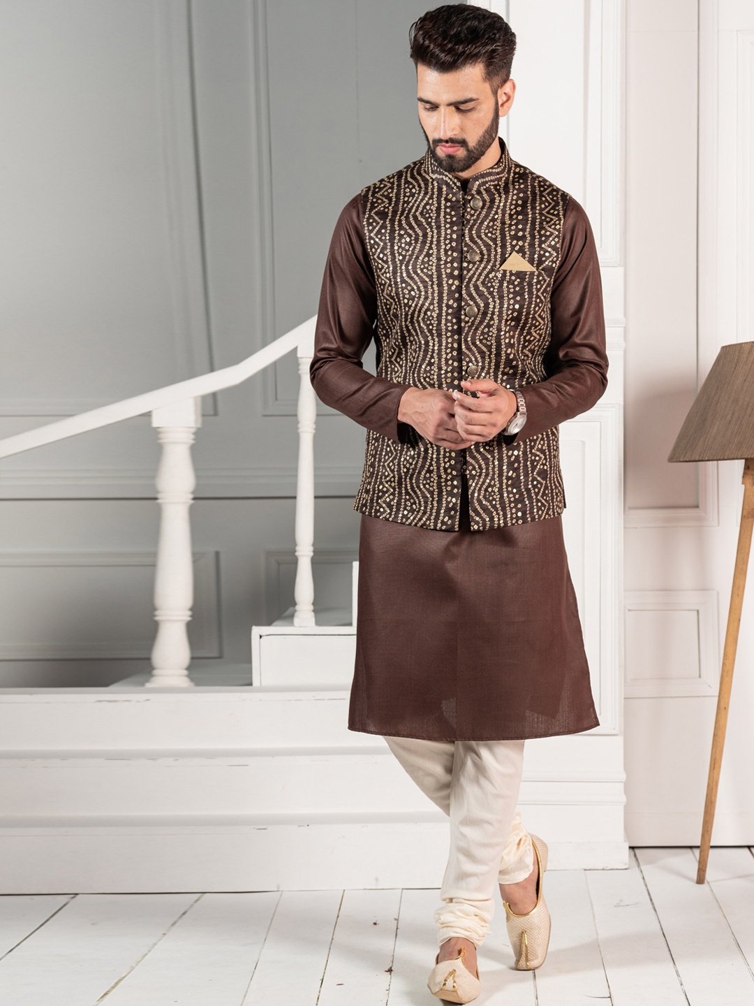 

KISAH Men Mandarin Collar Regular Kurta With Churidar & Nehru Jacket, Brown