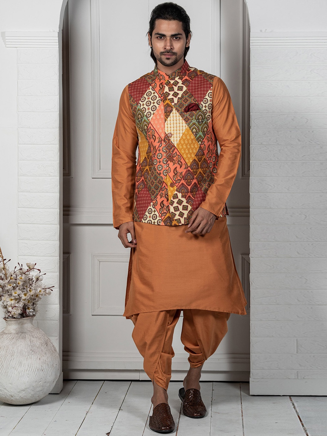 

KISAH Mandarin Collar Kurta with Dhoti Pants & Nehru Jacket, Rust