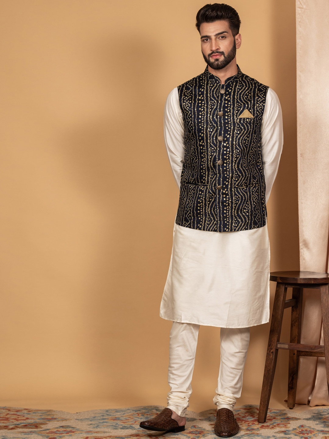 

KISAH Mandarin Collar Kurta with Churidar & Nehru Jacket, Off white