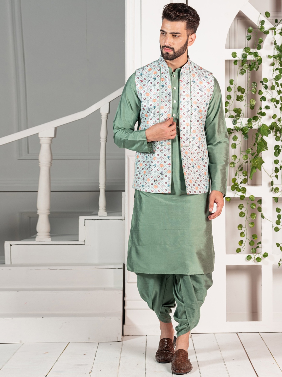 

KISAH Mandarin Collar Kurta with Dhoti Pants & Nehru Jacket, Green