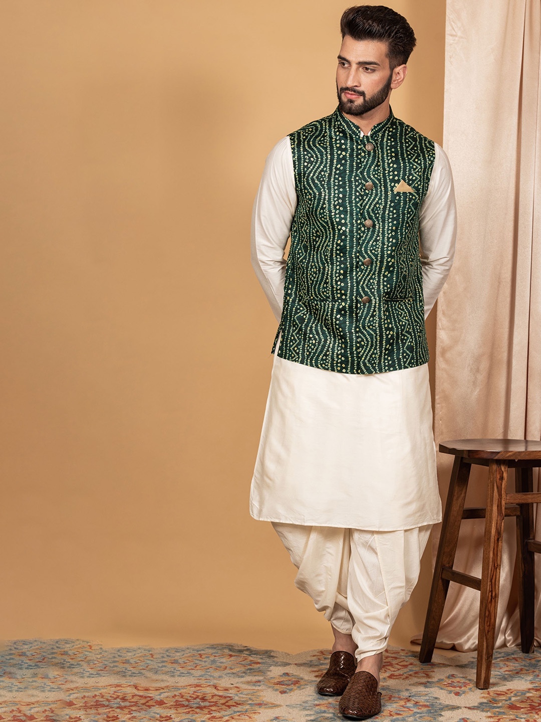 

KISAH Mandarin Collar Regular Kurta With Dhoti Pants & Nehru Jacket, Cream