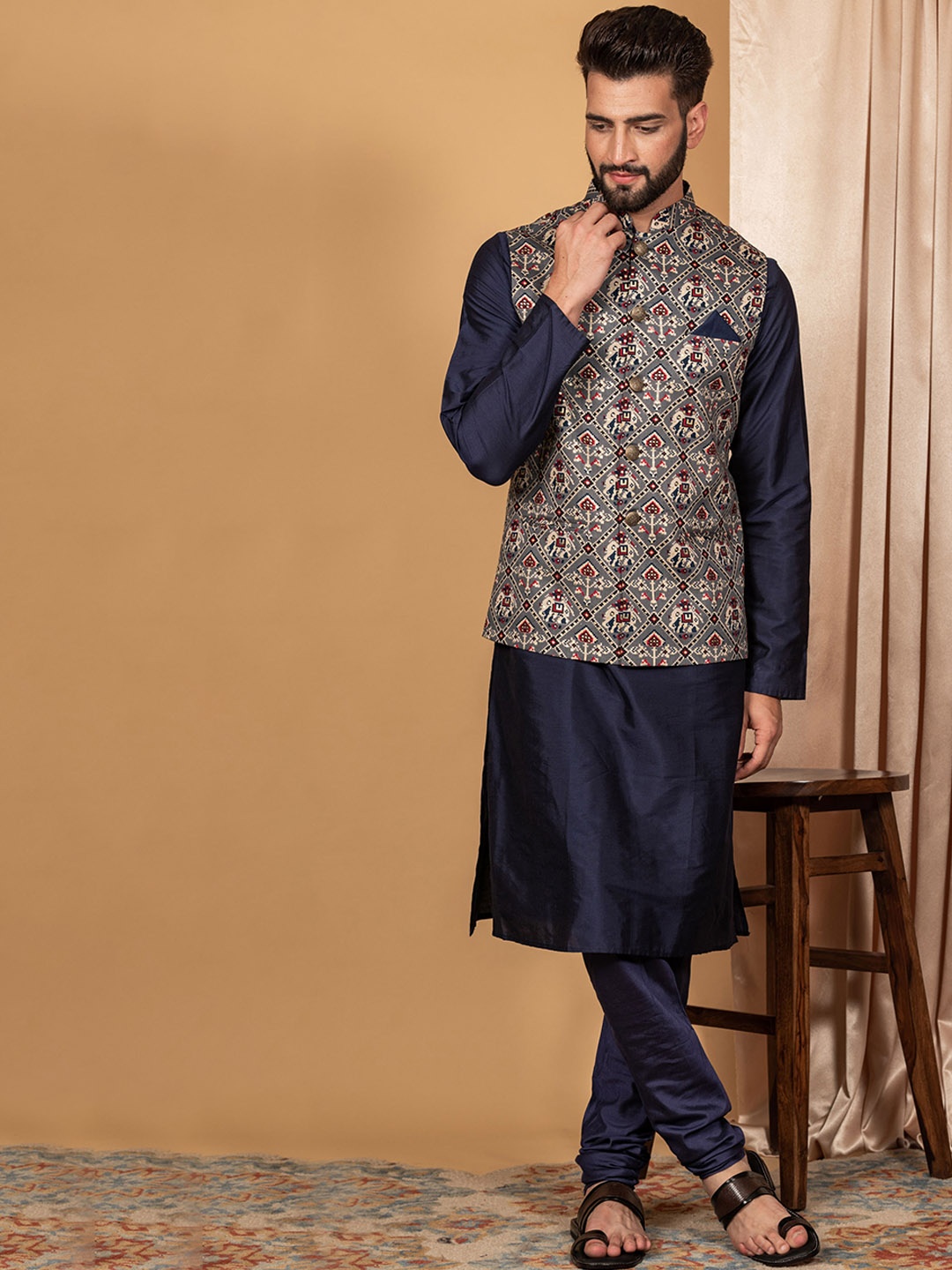 

KISAH Mandarin Collar Kurta with Churidar With Printed Nehru Jacket, Navy blue