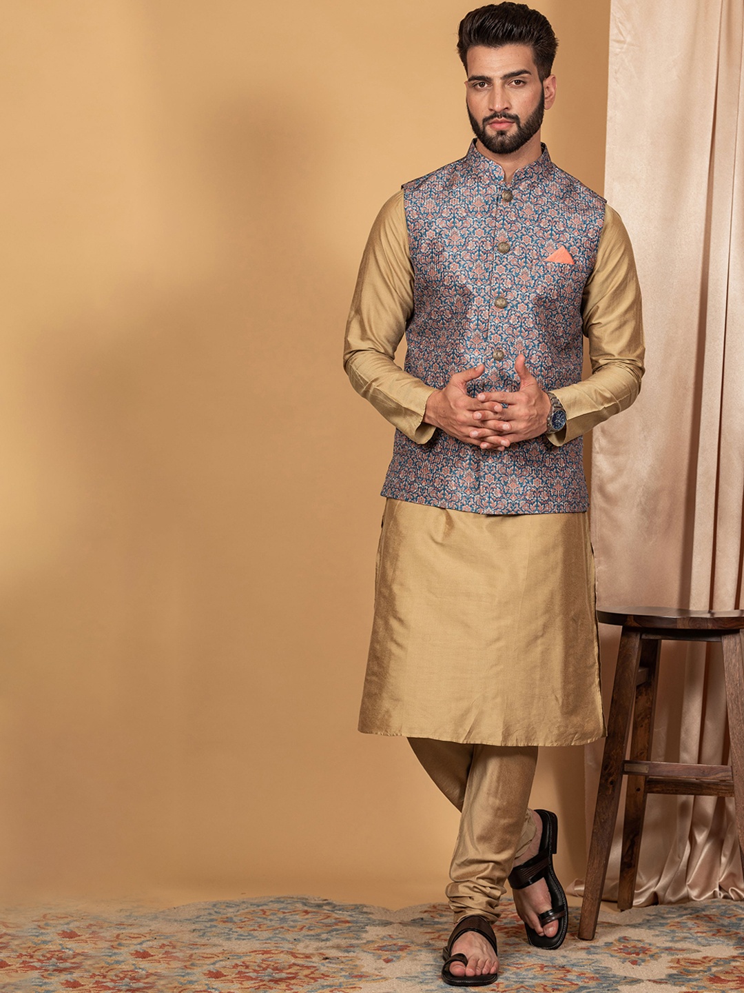 

KISAH Mandarin Collar Kurta with Churidar & Nehru Jacket, Gold