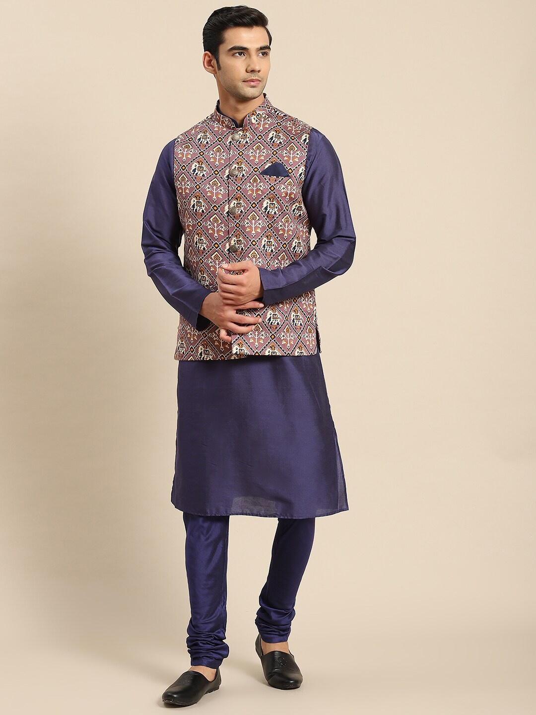 

KISAH Mandarin Collar Cotton Regular Kurta With Churidar & Nehru Jacket, Purple