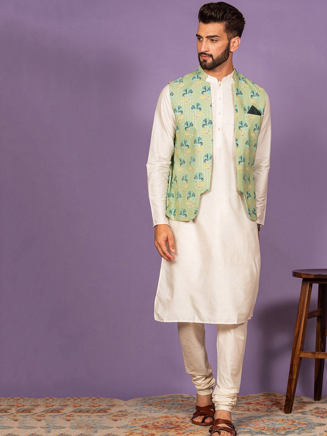 

KISAH Mandarin Collar Kurta with Churidar & Nehru Jacket, Off white