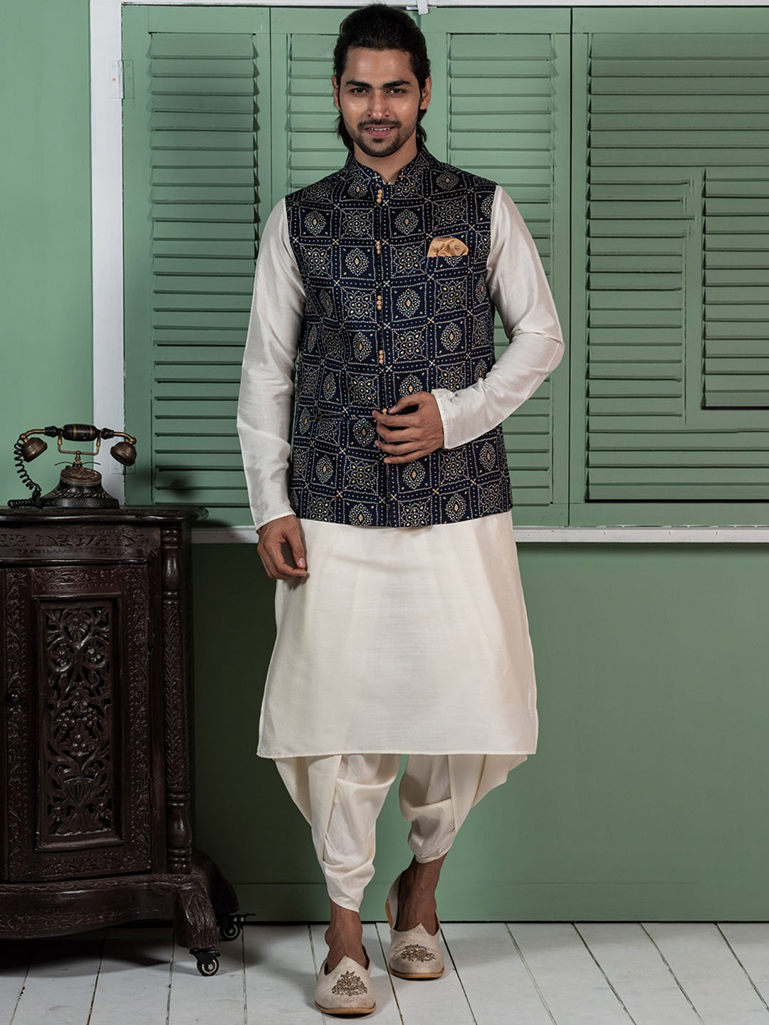 

KISAH Mandarin Collar Kurta with Dhoti Pants & Nehru Jacket, White