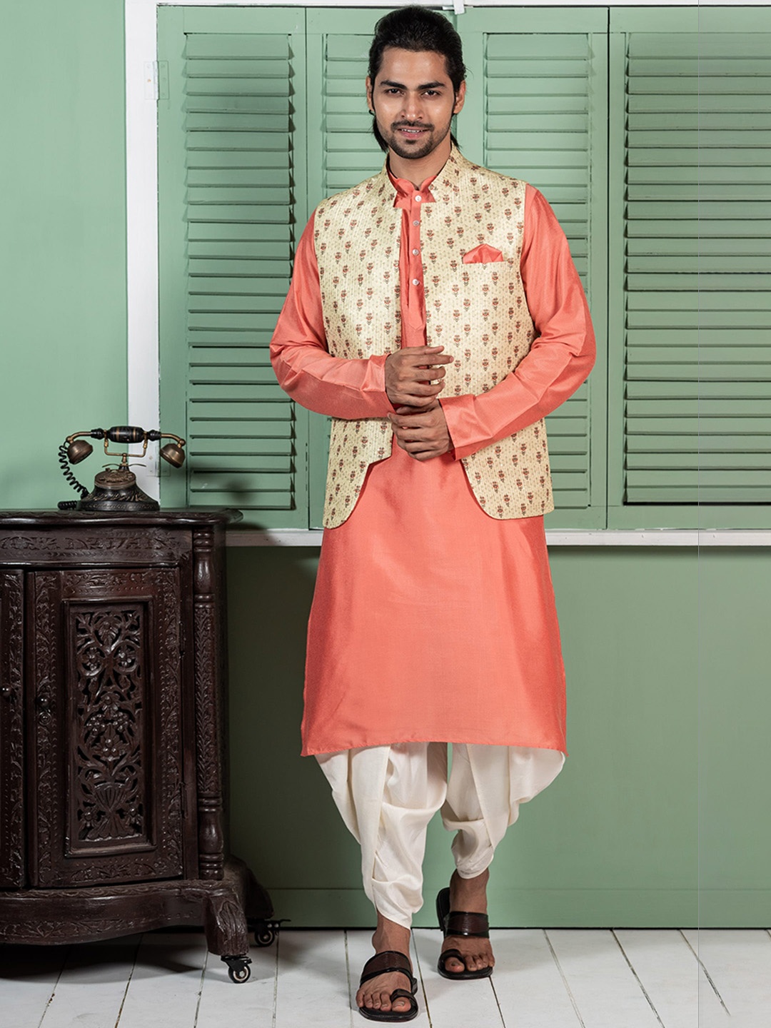 

KISAH Mandarin Collar Regular Kurta With Dhoti Pants & Nehru Jacket, Orange