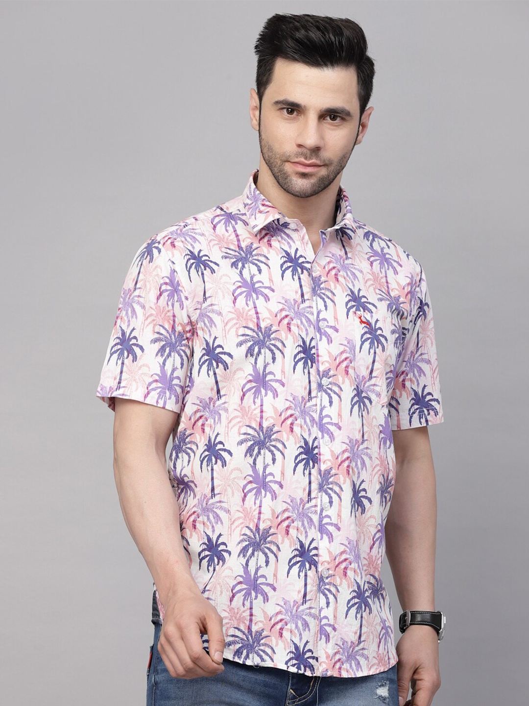 

VALBONE Spread Collar Floral Printed Cotton Casual Shirt, Pink