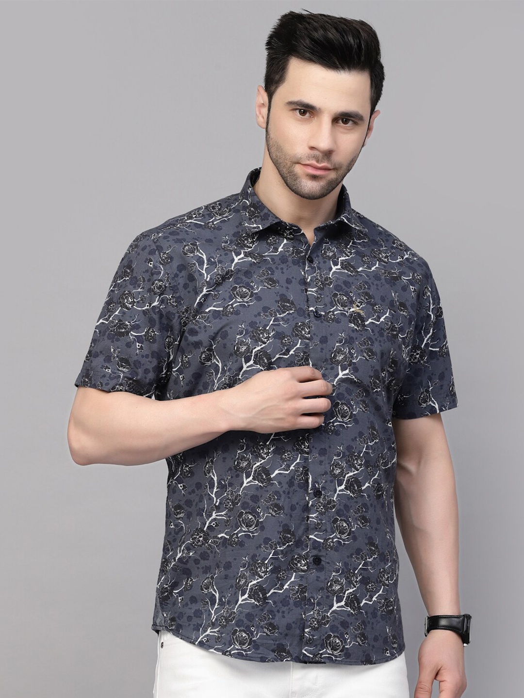 

VALBONE Floral Printed Short Sleeves Pure Cotton Casual Shirt, Blue
