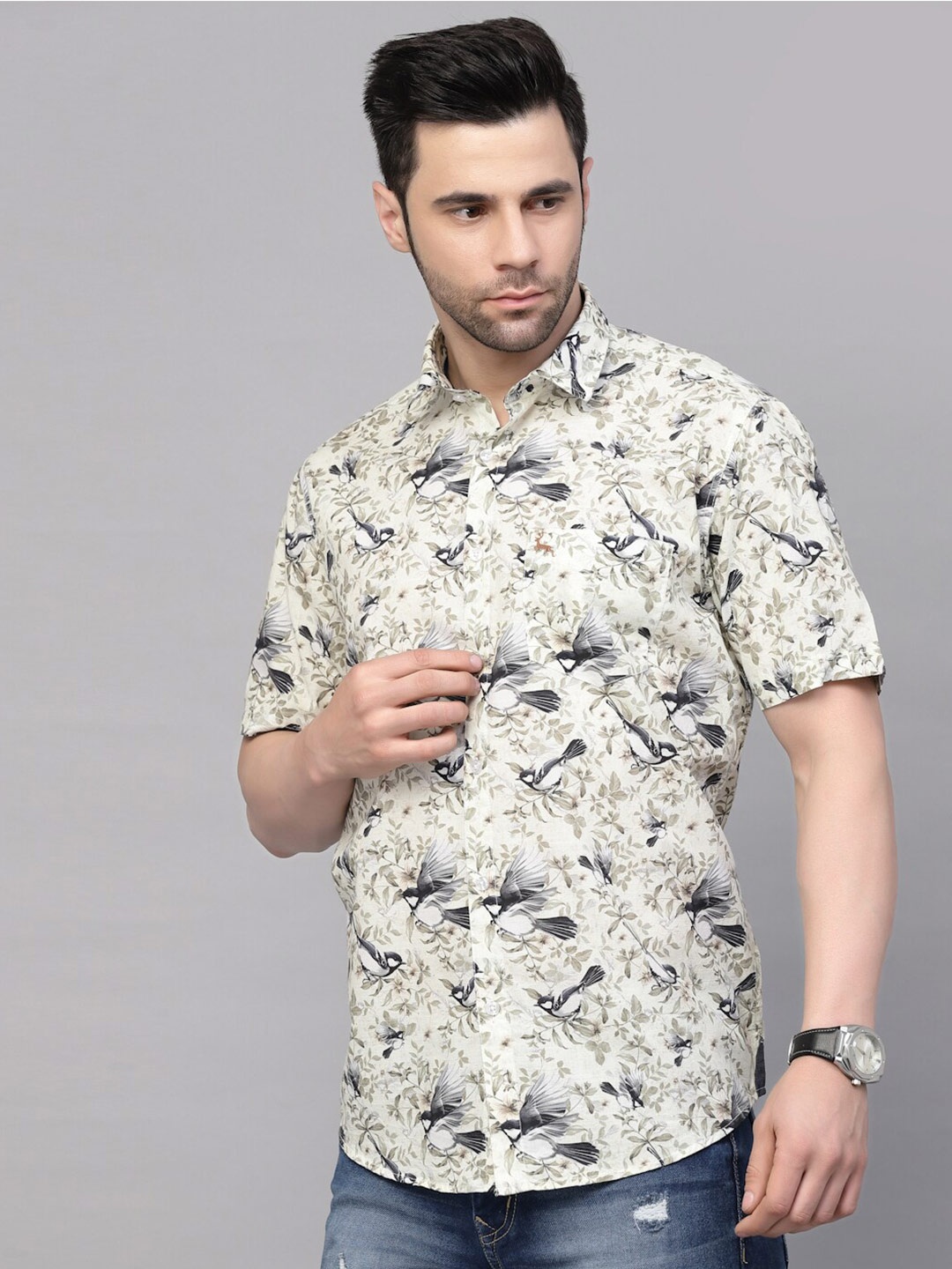 

VALBONE Conversational Printed Short Sleeves Pure Cotton Casual Shirt, Cream