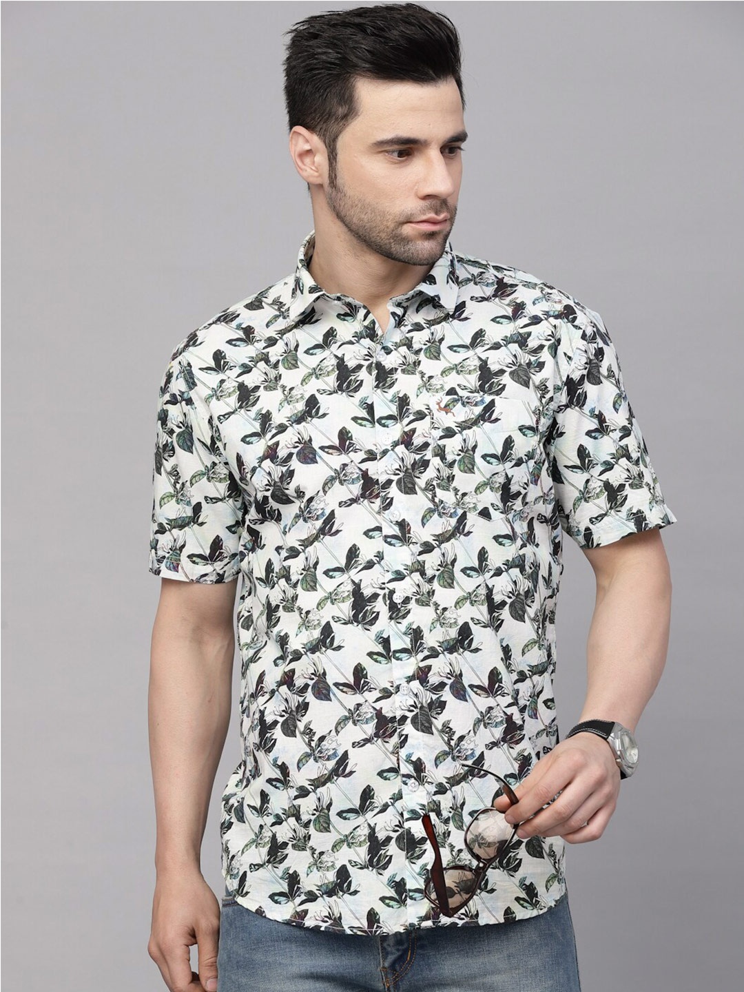 

VALBONE Spread Collar Floral Printed Classic Fit Cotton Casual Shirt, White