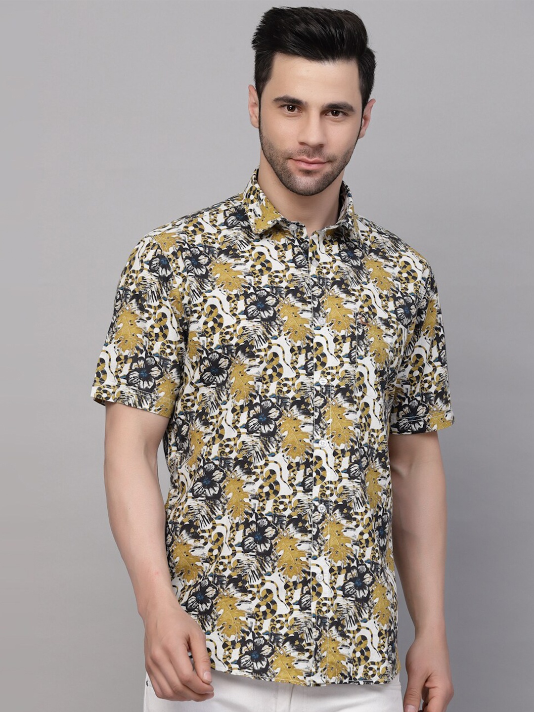 

VALBONE Spread Collar Conversational Printed Cotton Casual Shirt, Mustard