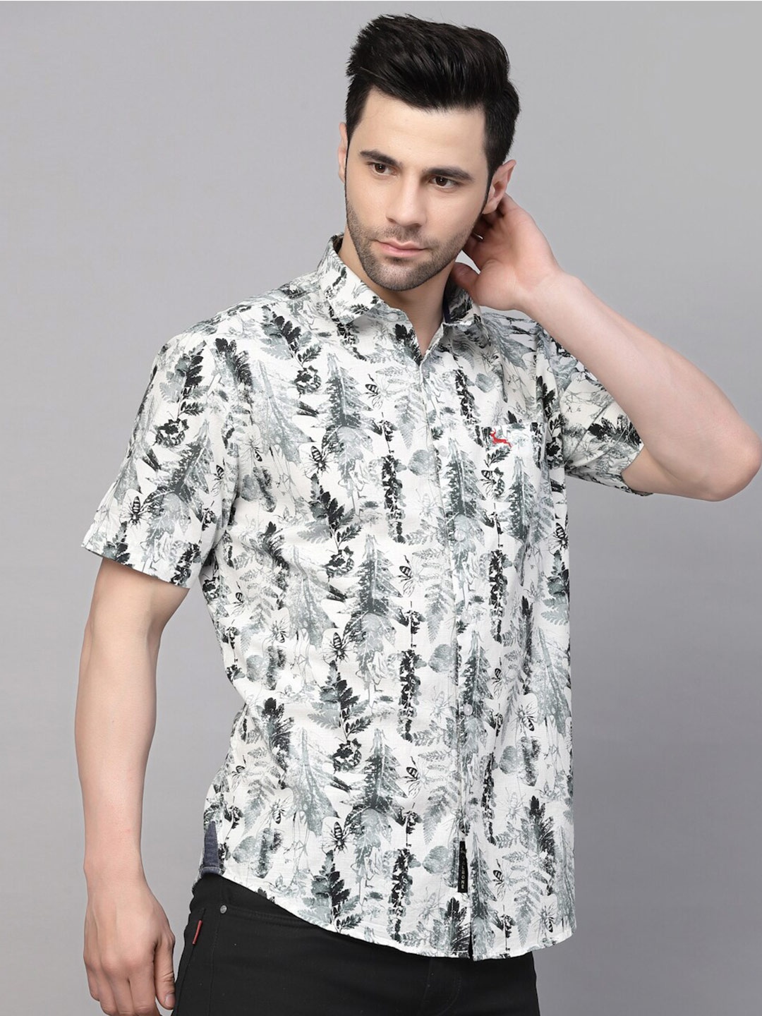 

VALBONE Spread Collar Conversational Printed Cotton Casual Shirt, White