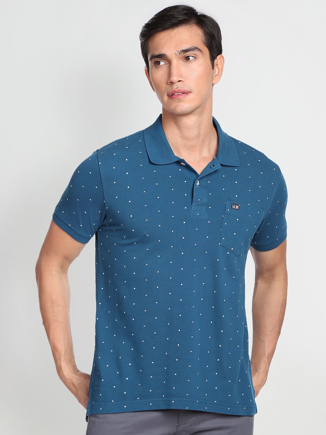 

Arrow Sport Micro Ditsy Printed Polo Collar Pure Cotton T-shirt, Teal
