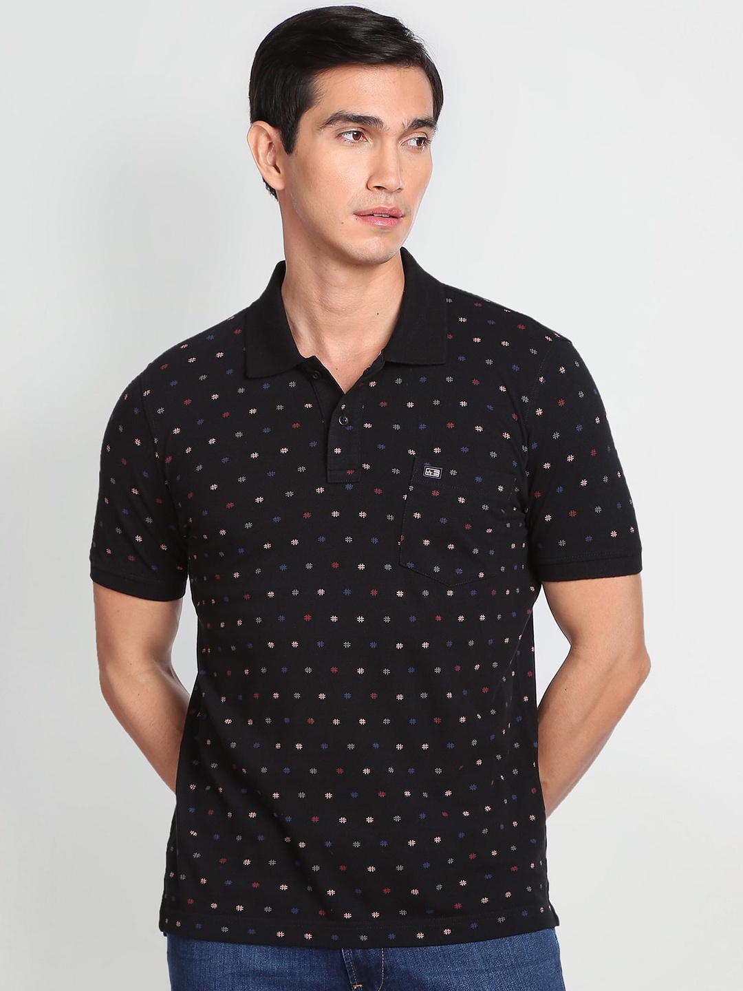

Arrow Sport Conversational Printed Polo Collar Compact Cotton T-shirt, Black