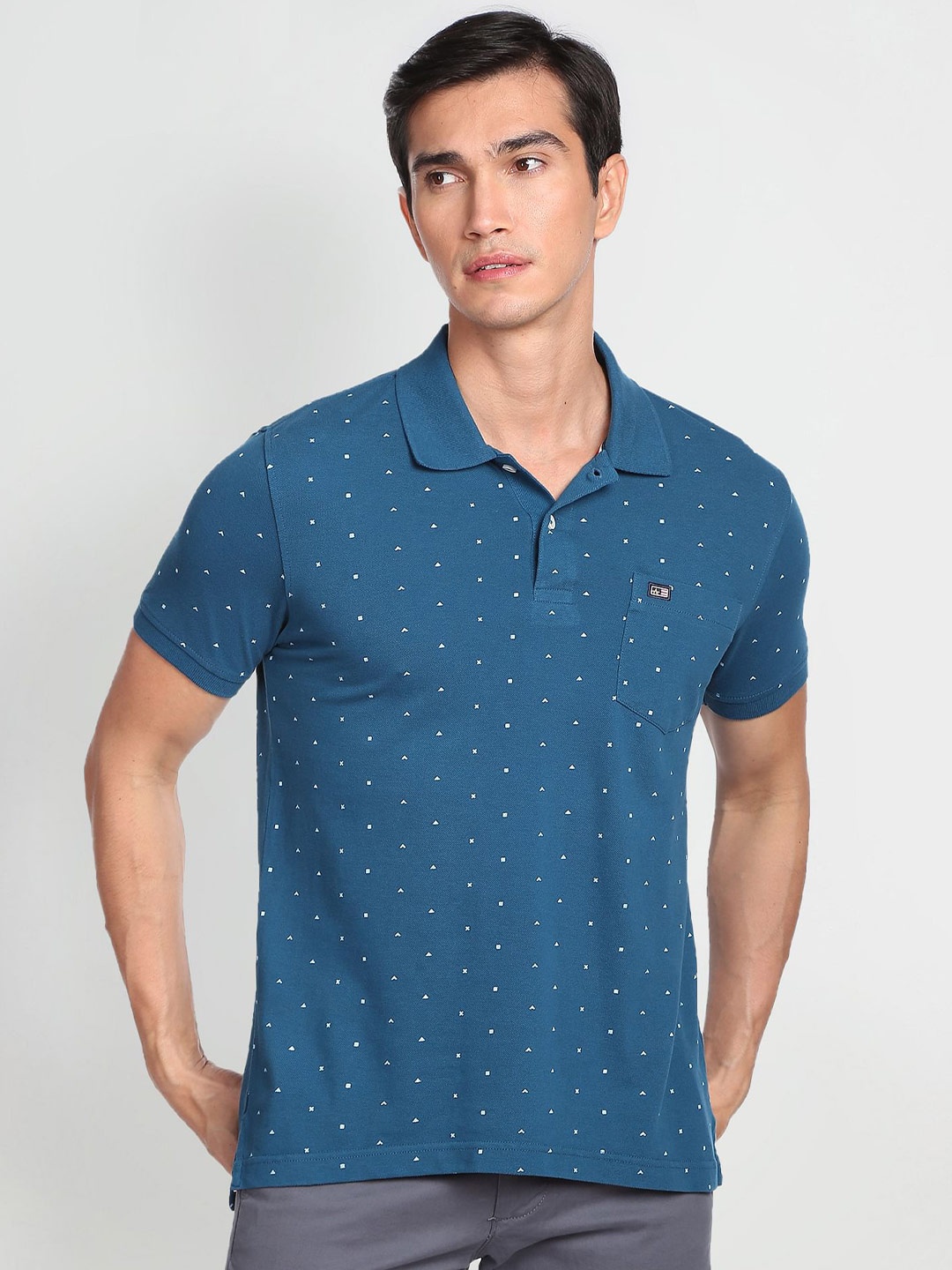 

Arrow Sport Geometric Printed Polo Collar Compact Cotton T-shirt, Navy blue