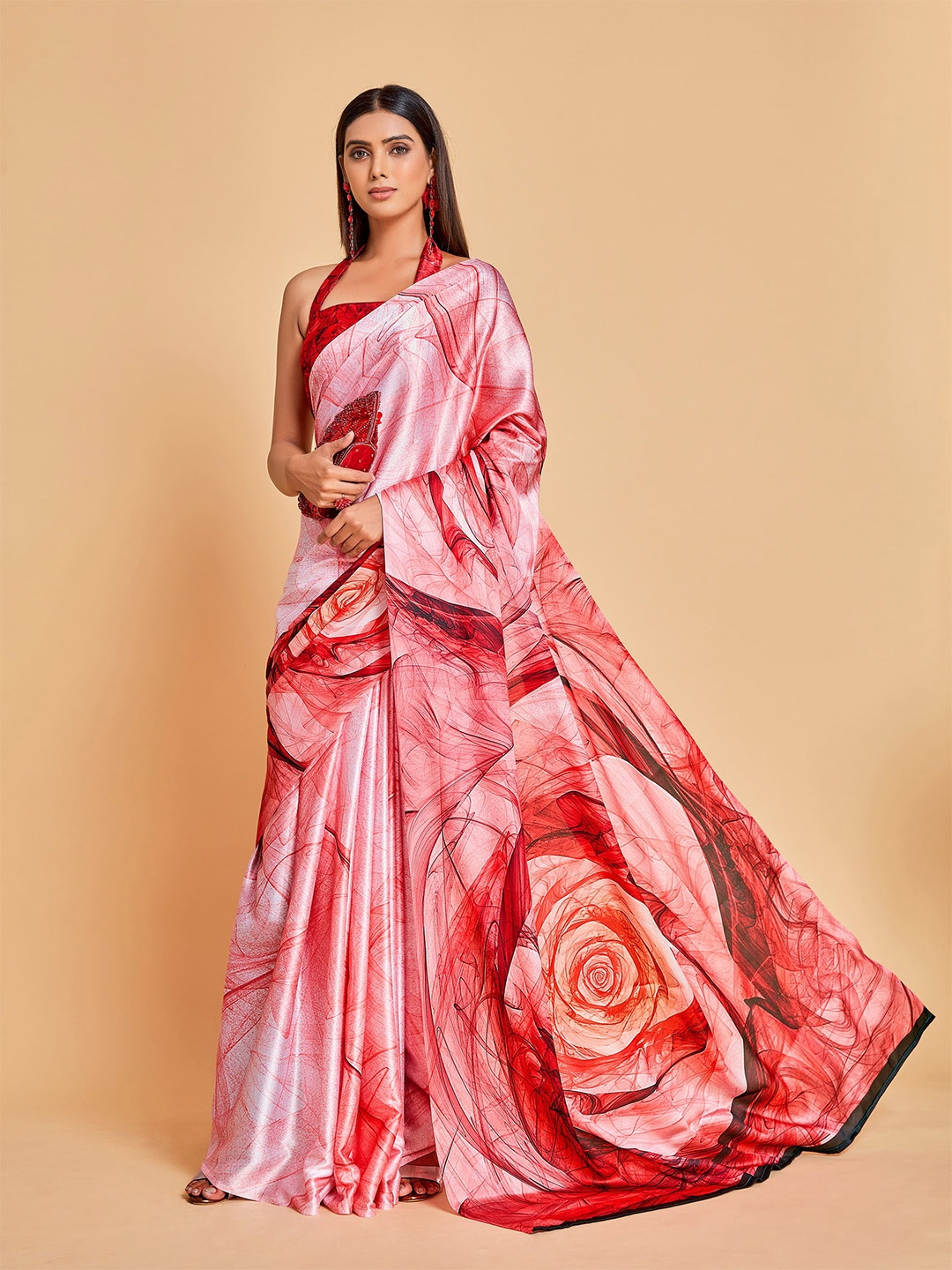 

Sangria Floral Printed Satin Saree, White