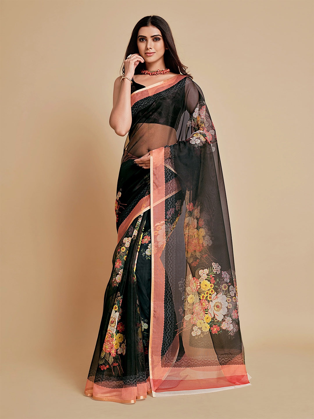 

Sangria Floral Printed Organza Saree, Black