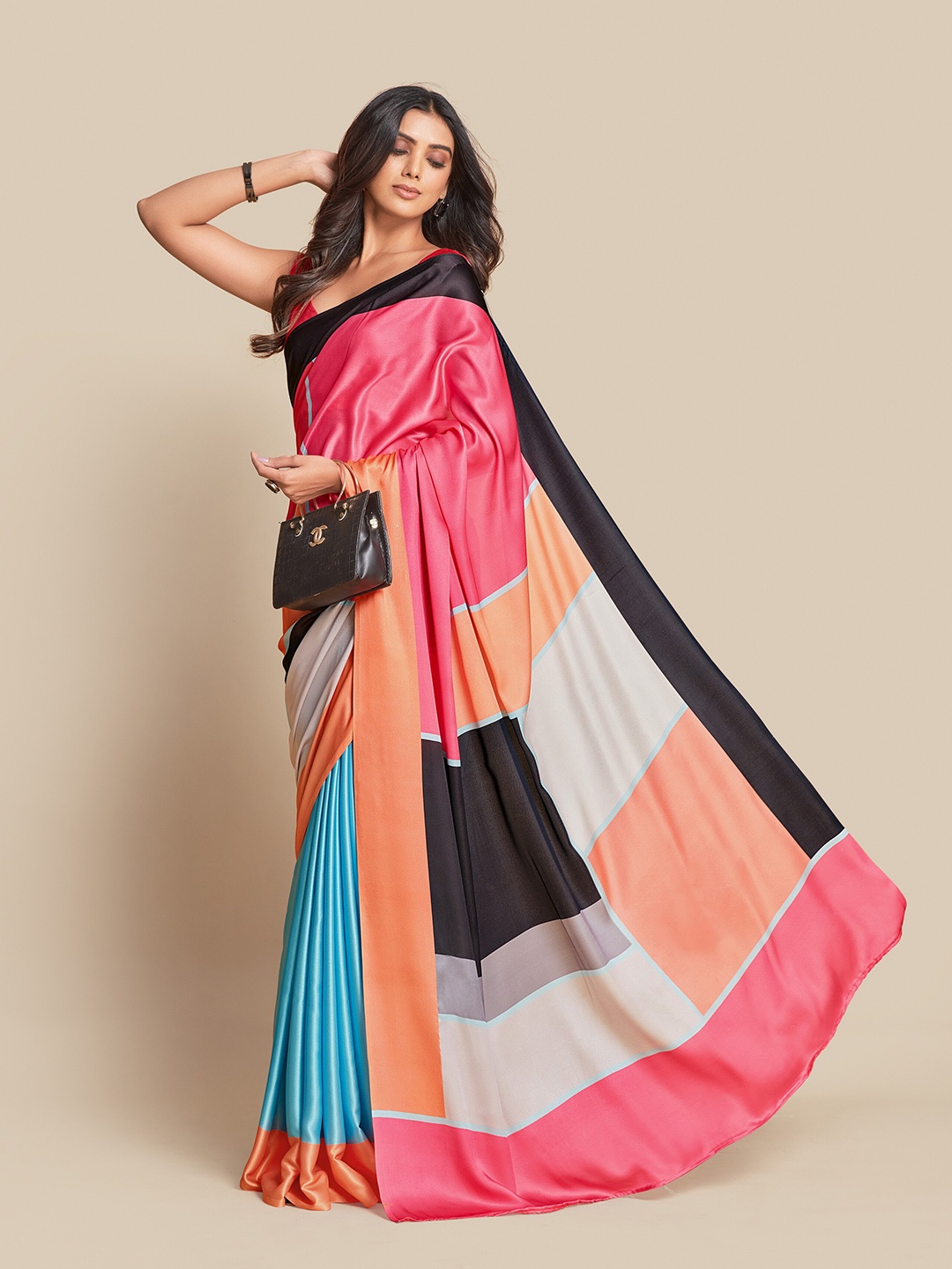 

Sangria Colourblocked Satin Saree, Peach