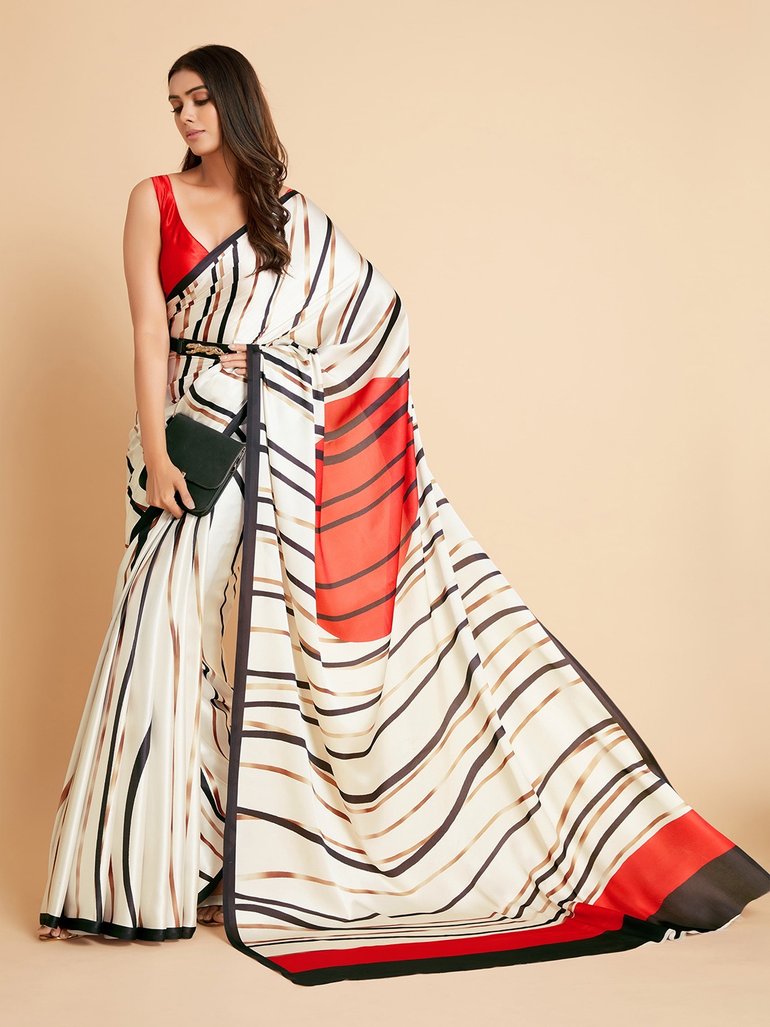 

Sangria Striped Printed Satin Saree, Off white