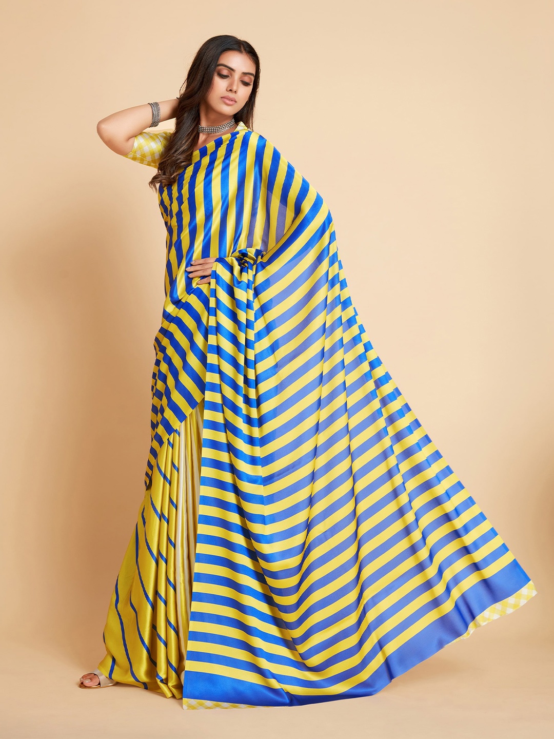 

Sangria Striped Printed Satin Saree, Yellow