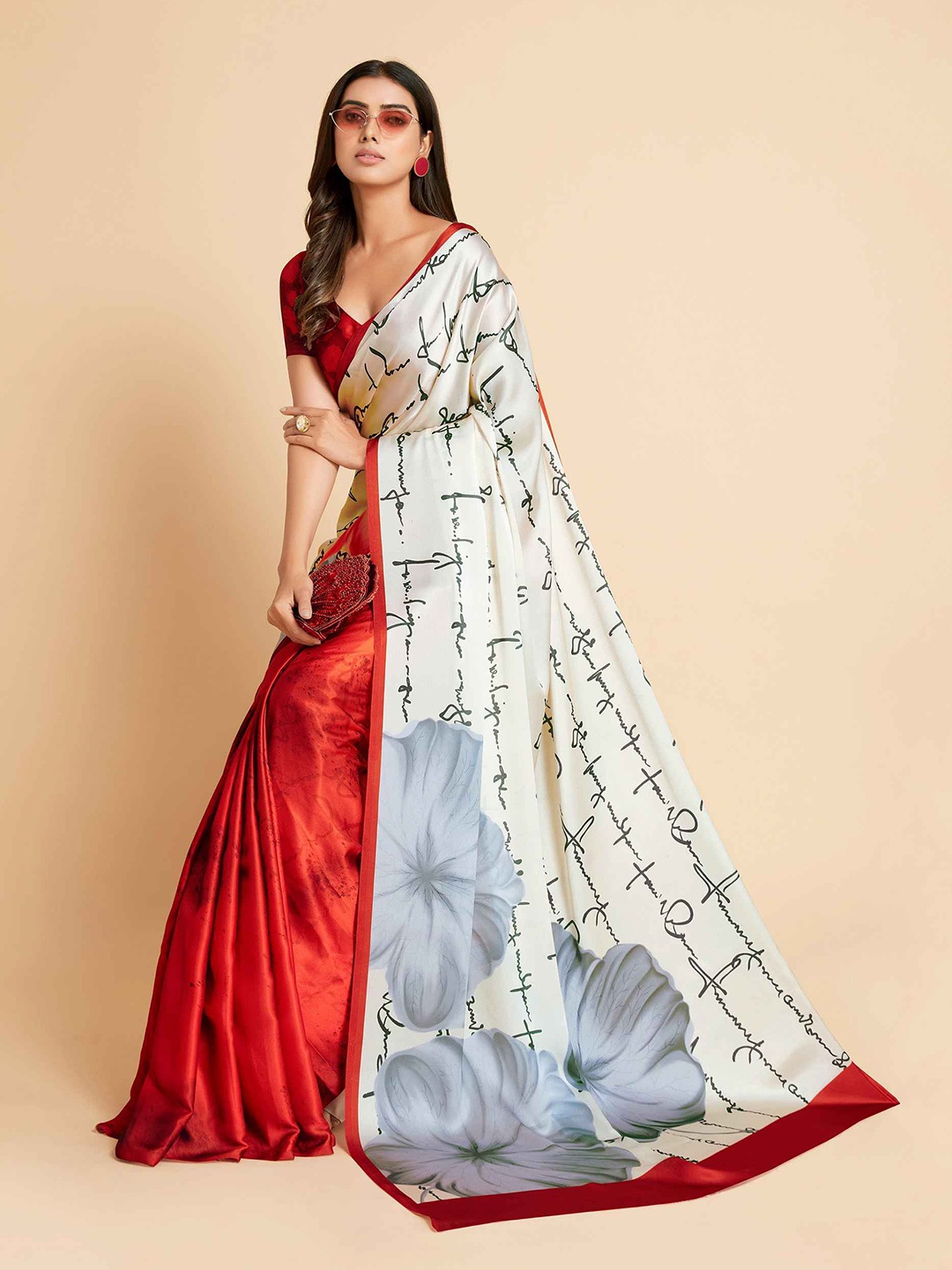 

Sangria Floral Printed Satin Saree, Red