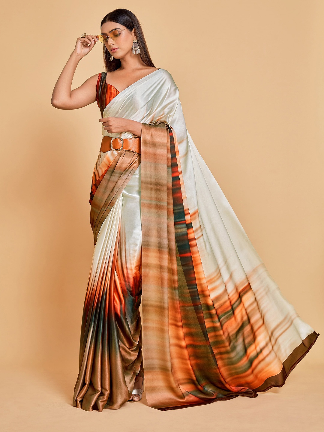 

Sangria Abstract Printed Satin Saree, Brown